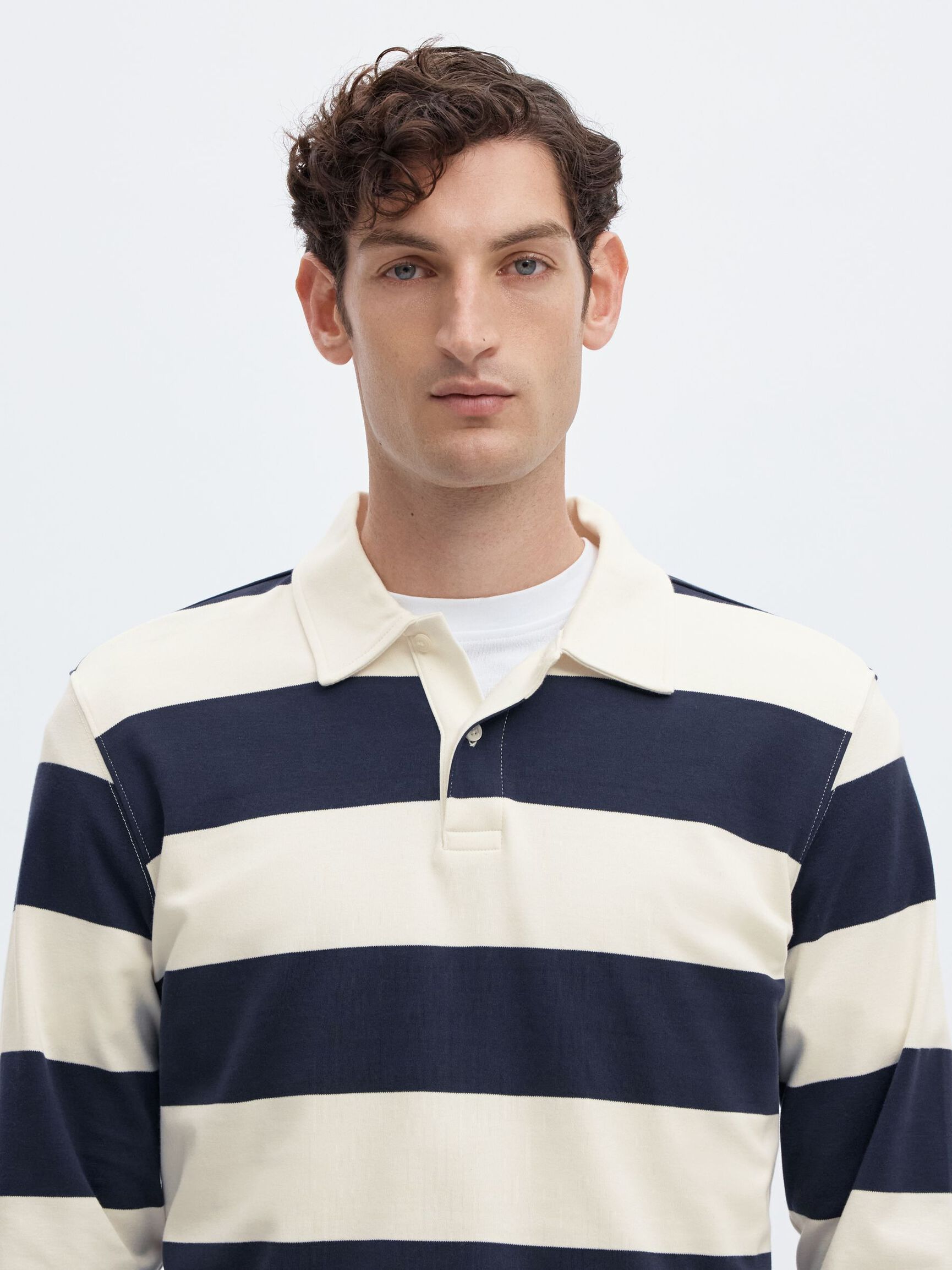 STRIPED COTTON LONG-SLEEVED POLO, Navy Blazer, highres