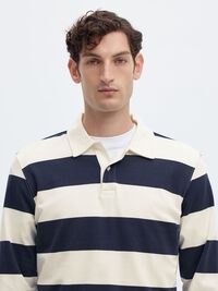 STRIPED COTTON LONG-SLEEVED POLO, Navy Blazer, highres