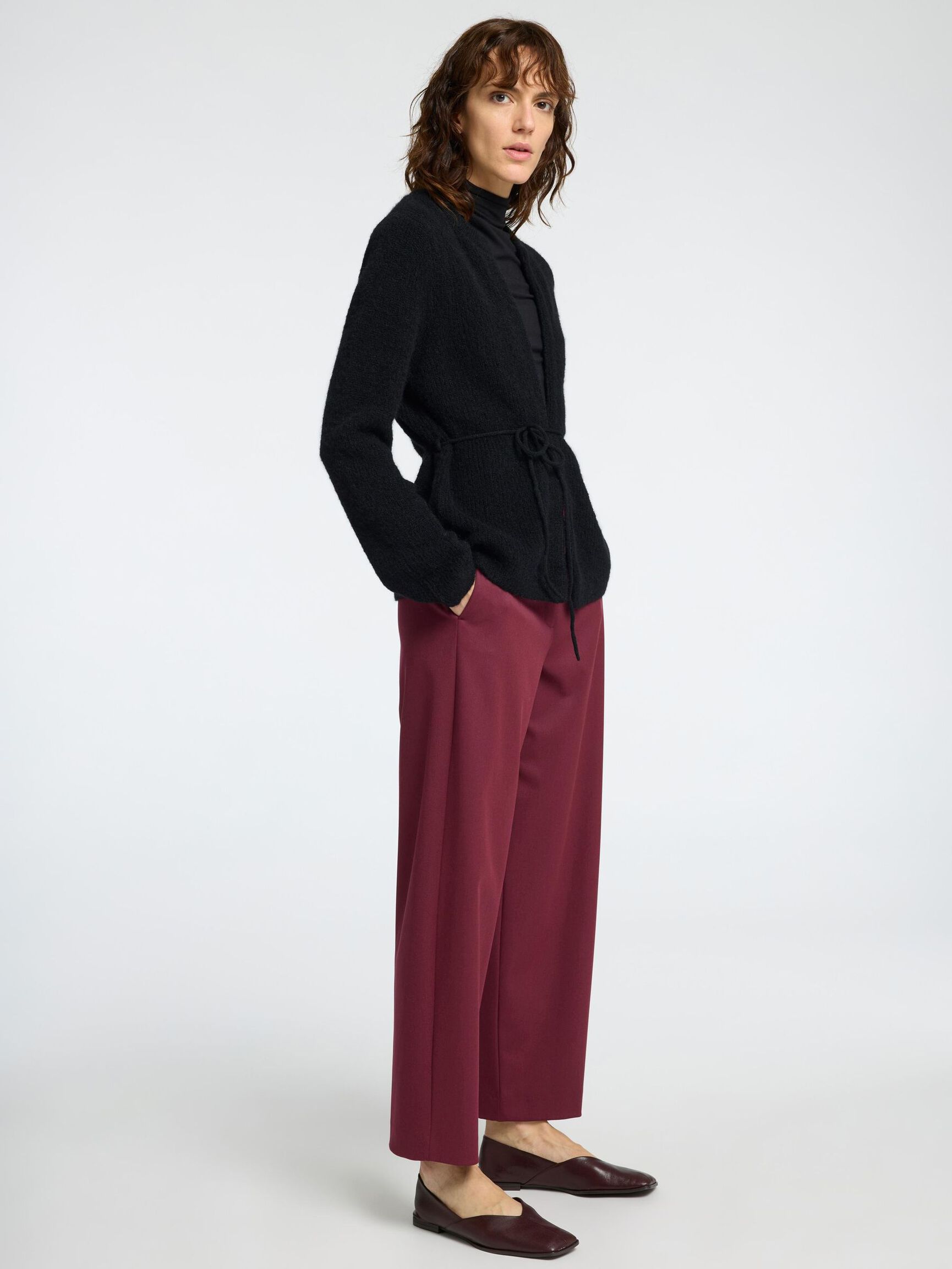 WOOL BLEND BELTET CARDIGAN, Black, highres