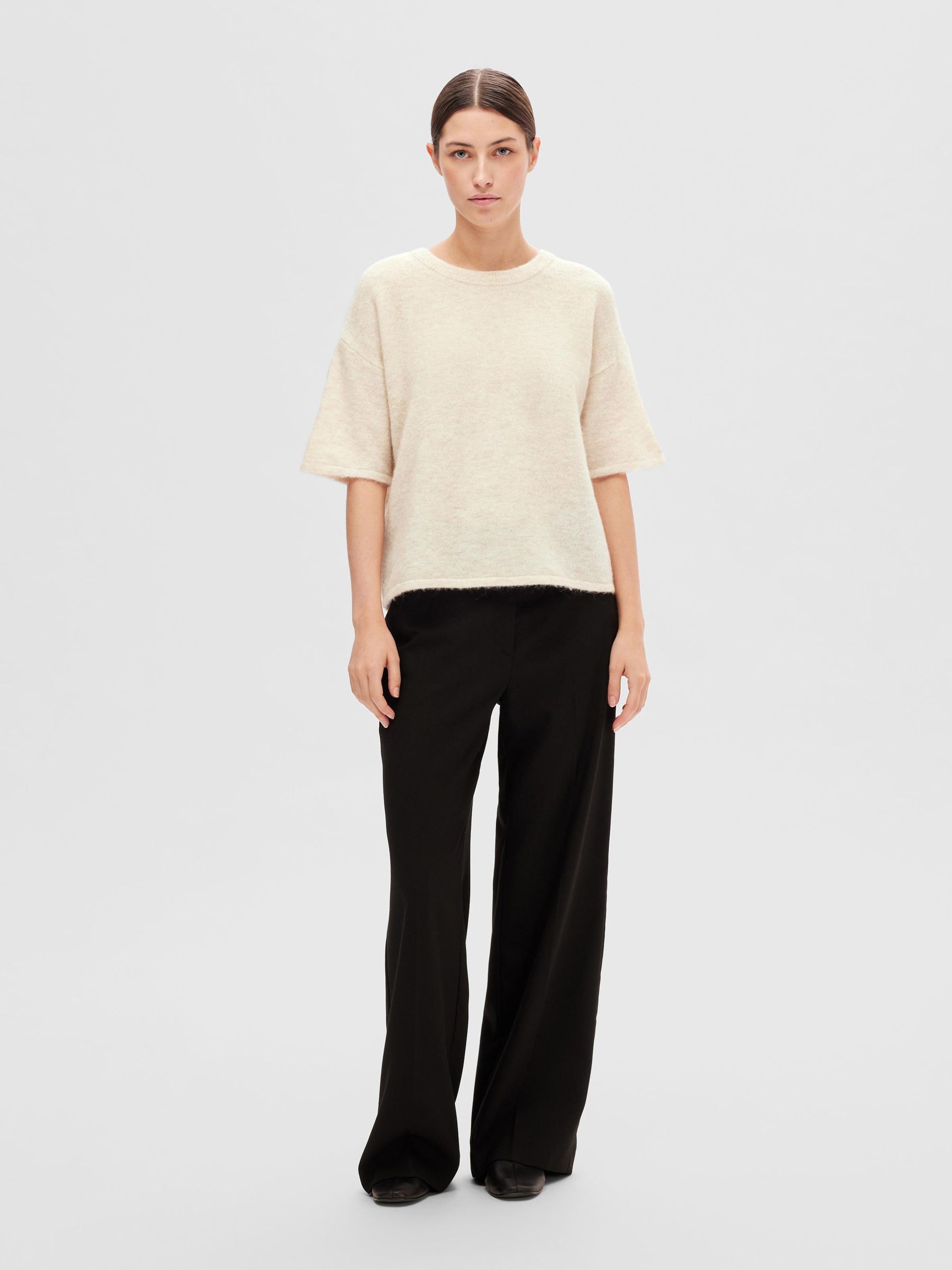 SHORT-SLEEVED WOOL BLEND TOP, Birch, highres
