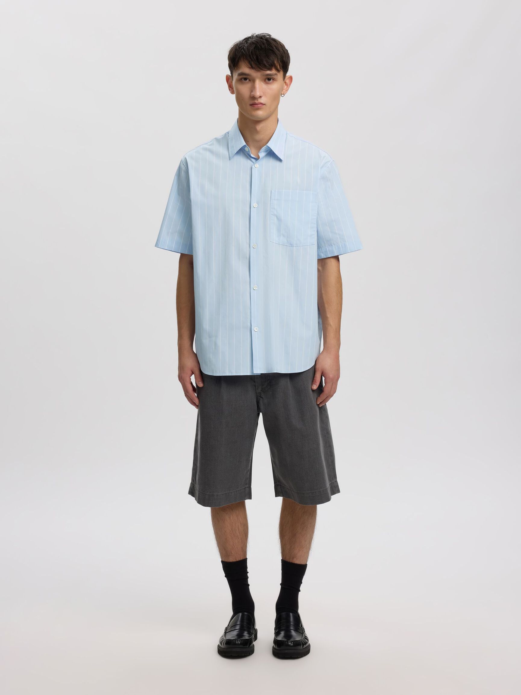 STRIBET KORTÆRMET SKJORTE, Cashmere Blue, highres