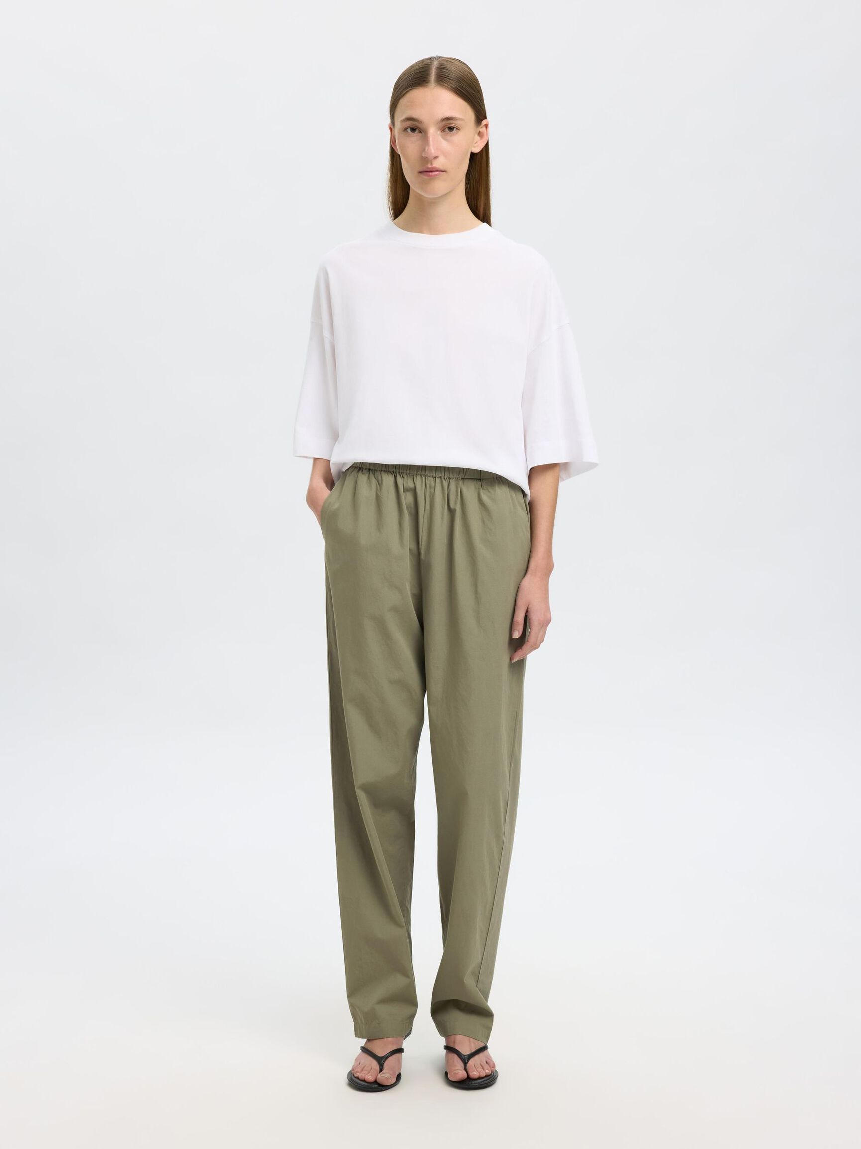 COTTON HIGH WAISTED TROUSERS, Vetiver, highres
