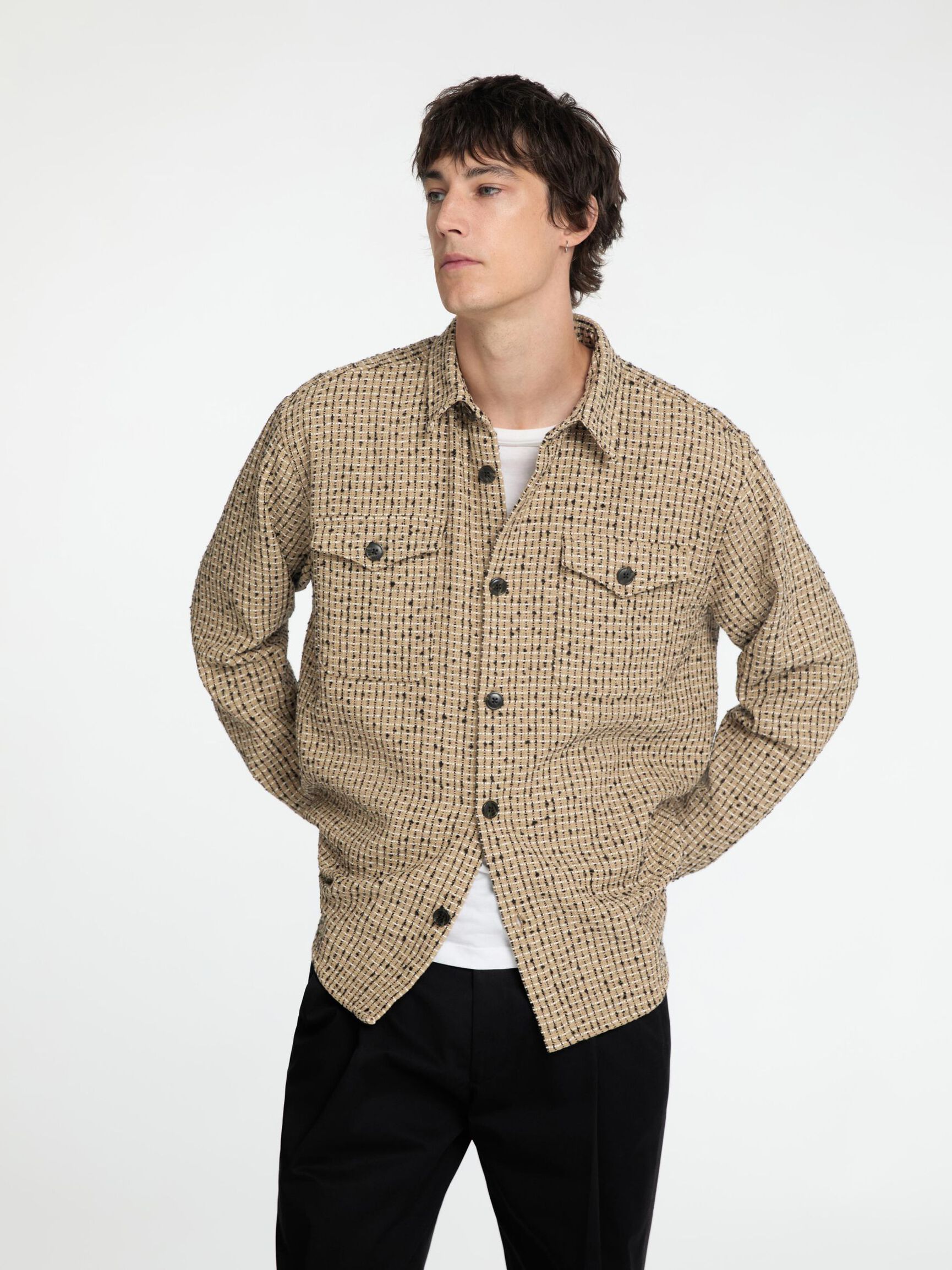 BOXY FIT BOUCLE OVERSHIRT, Sand, highres