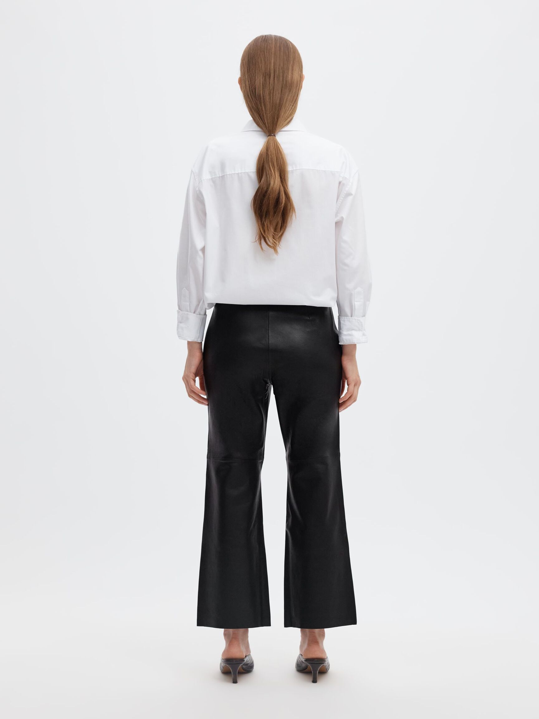 FLARED FIT LEATHER TROUSERS, Black, highres