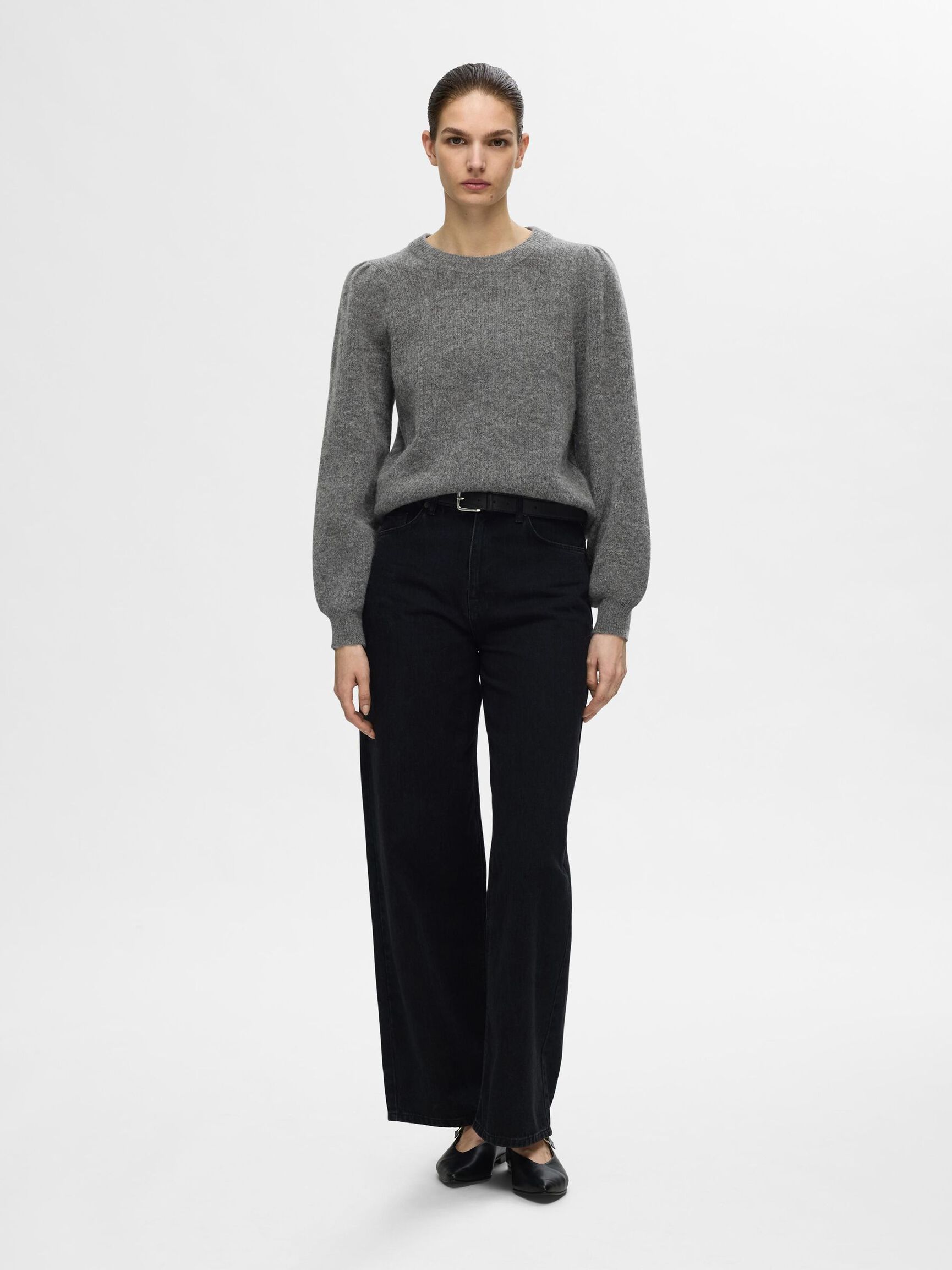 WOOL BLEND KNITTED JUMPER, Medium Grey Melange, highres