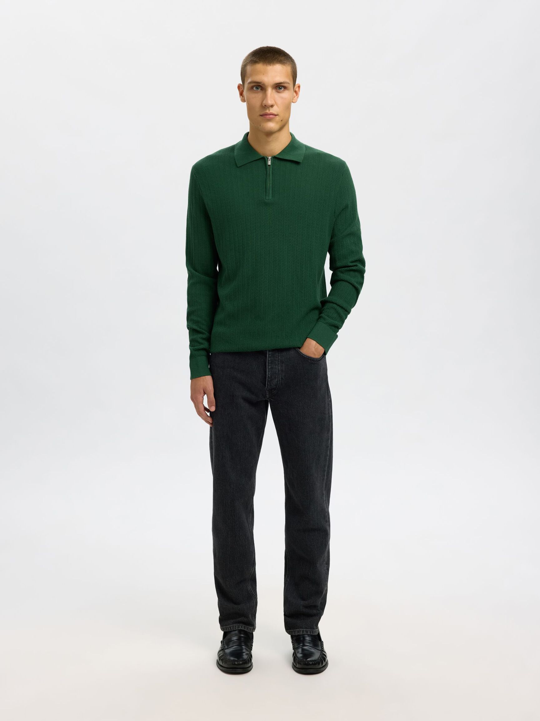 100% COTTON LONG-SLEEVED POLO, Dark Green, highres