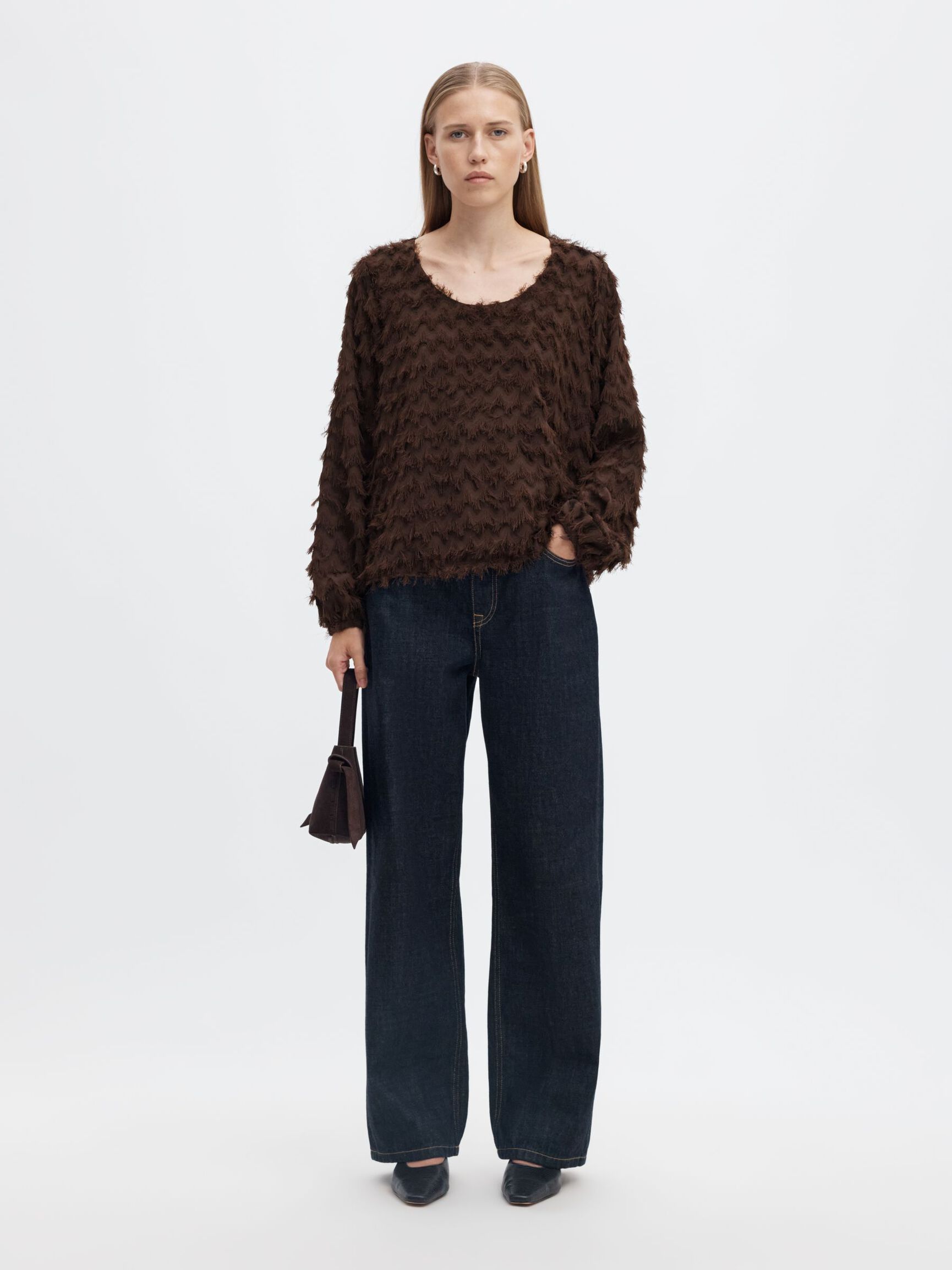 ZIGZAG FRINGE BALLOON SLEEVE TOP, Delicioso, highres
