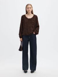 ZIGZAG FRINGE BALLOON SLEEVE TOP, Delicioso, highres