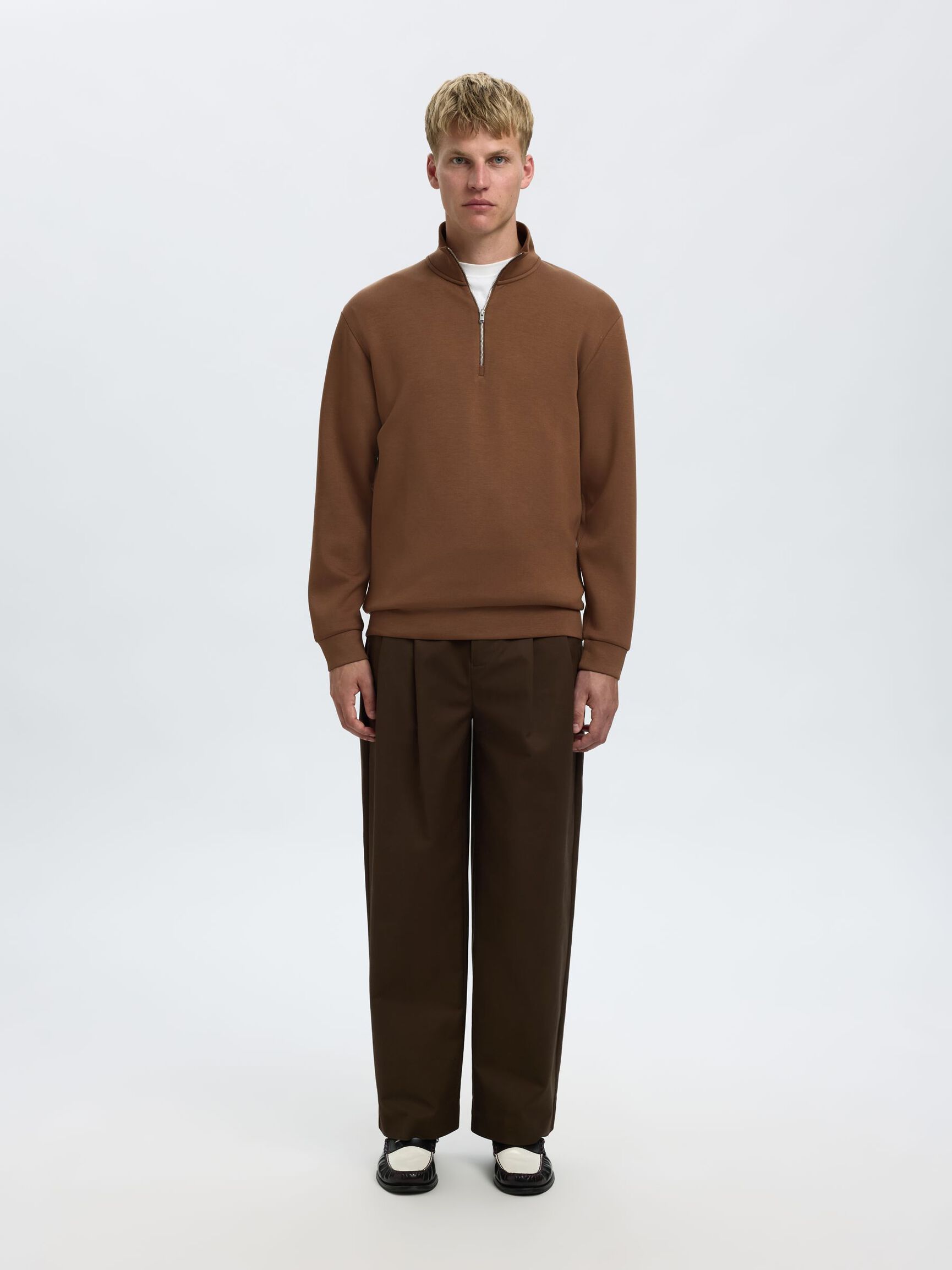 VISCOSE BLEND HALF ZIP SWEATSHIRT, Soft Silt, highres