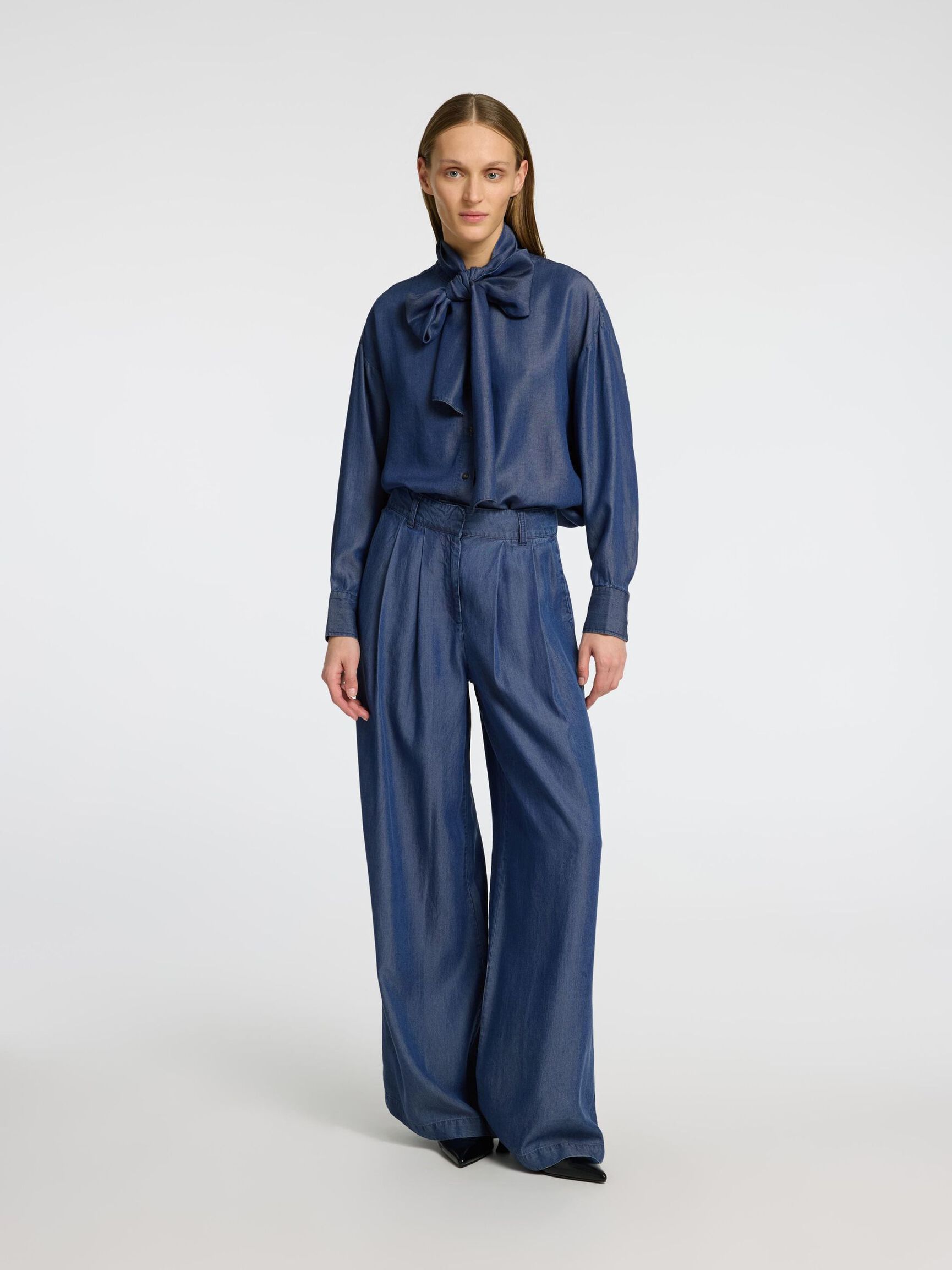 CHAMBRAY WIDE LEG BROEK, Dark Blue, highres