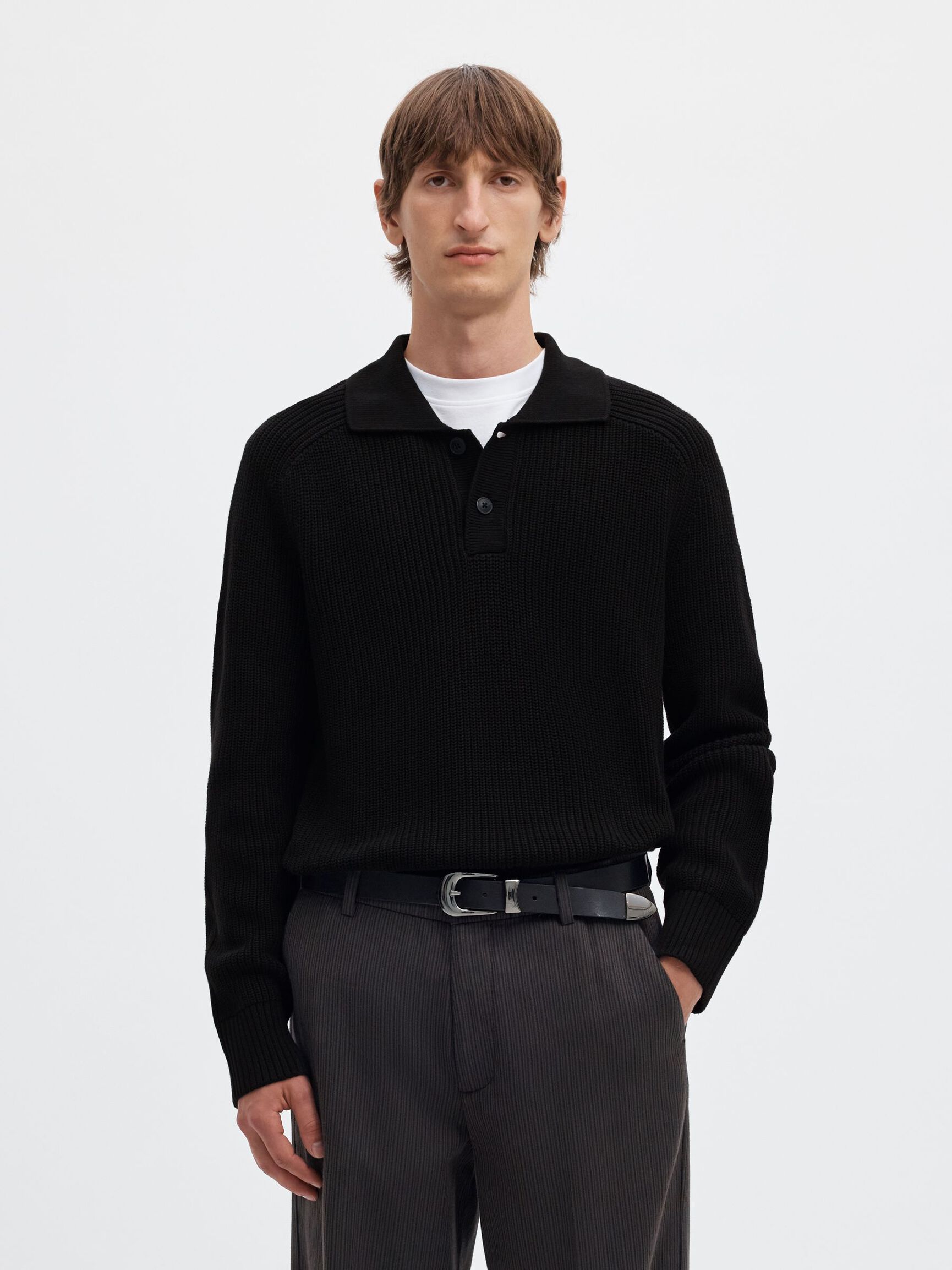 RIBBET STRIKKET POLOSKJORTE, Black, highres