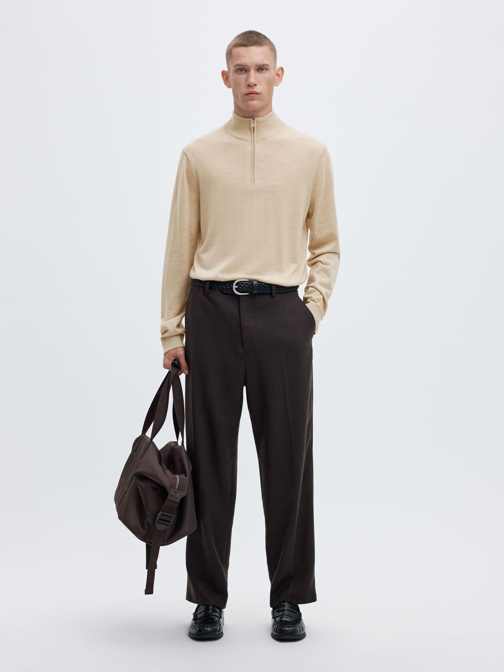 SWETER Z KRÓTKIM ZAMKIEM, Oatmeal, highres