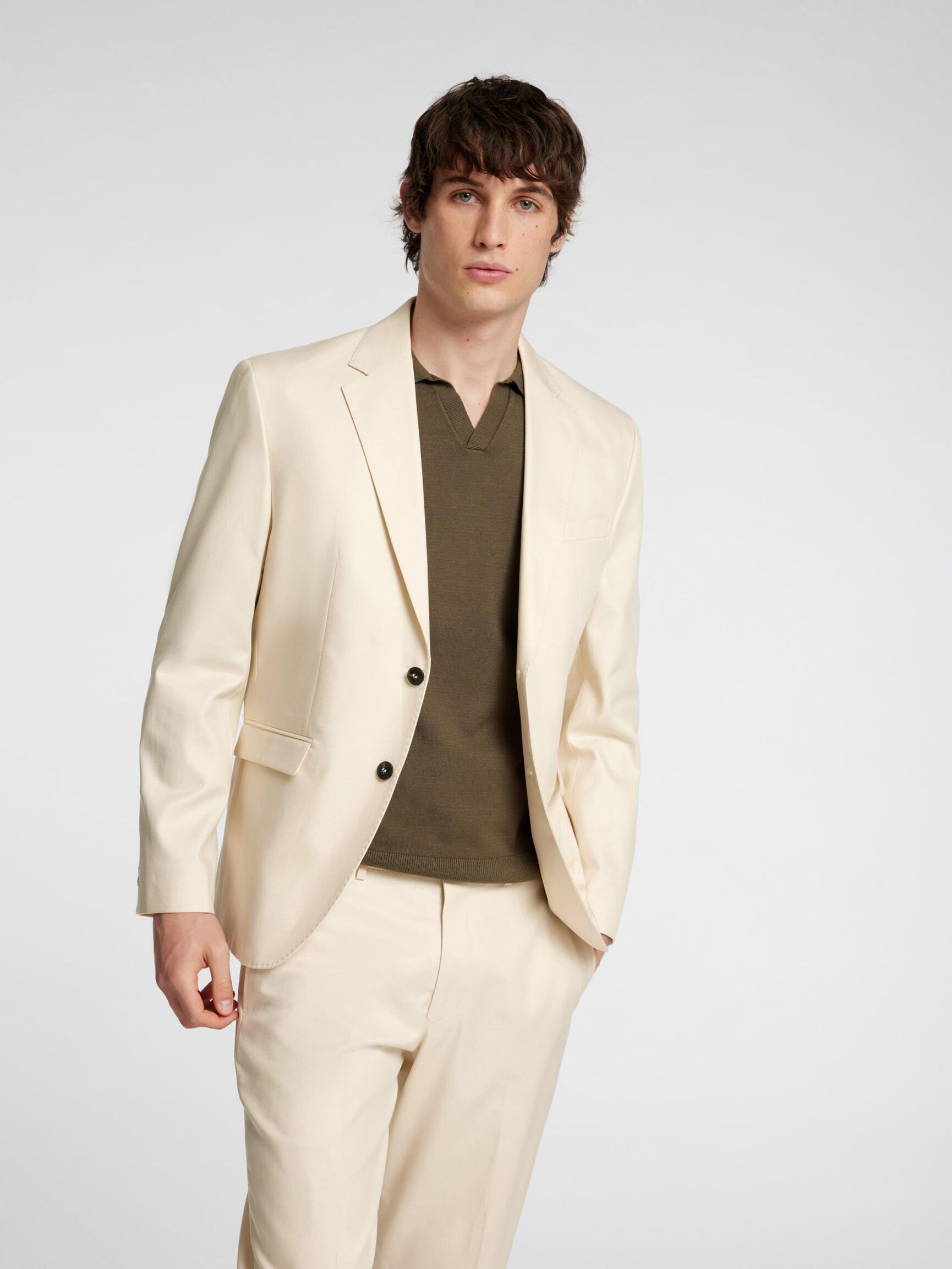 REGULAR FIT ENKELKNÄPPT KAVAJ, Oatmeal, highres