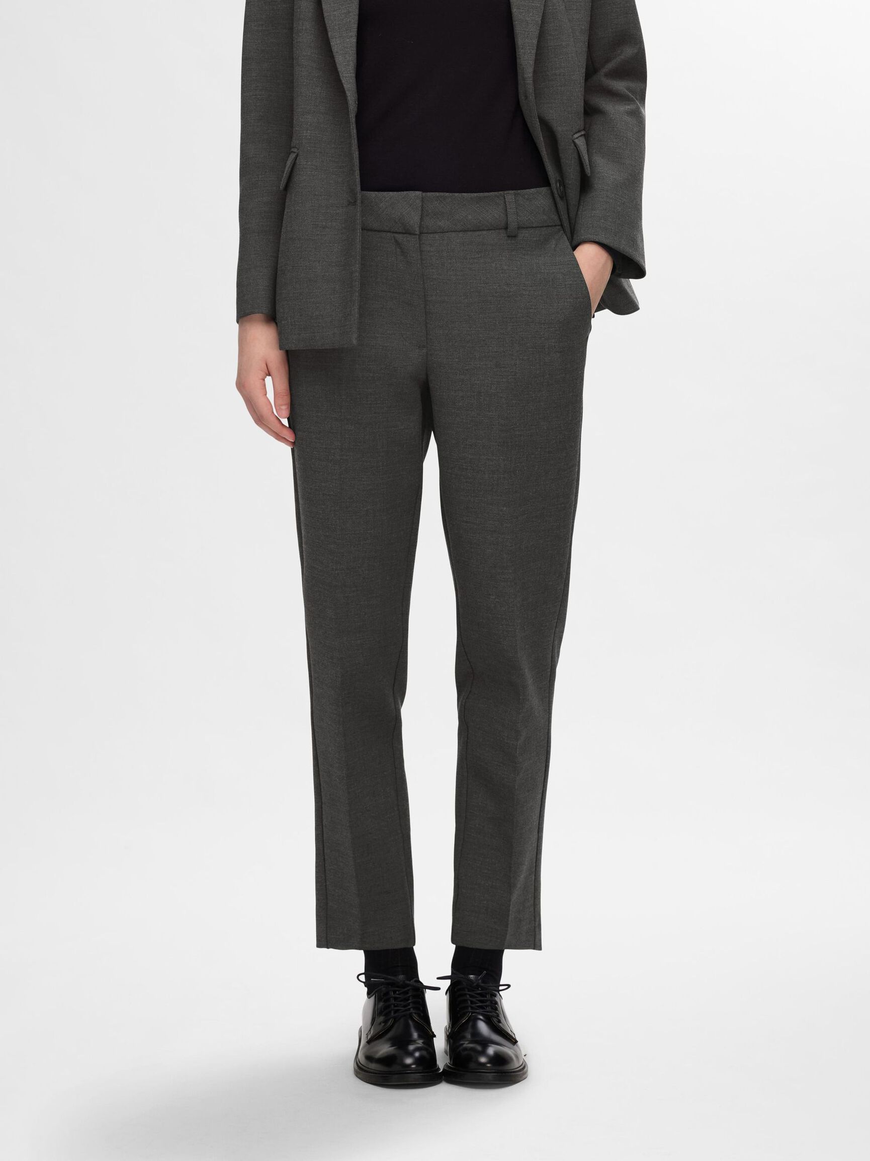 VISKOSEBLANDING CROPPED TAPERED BUKSER, Dark Grey Melange, highres