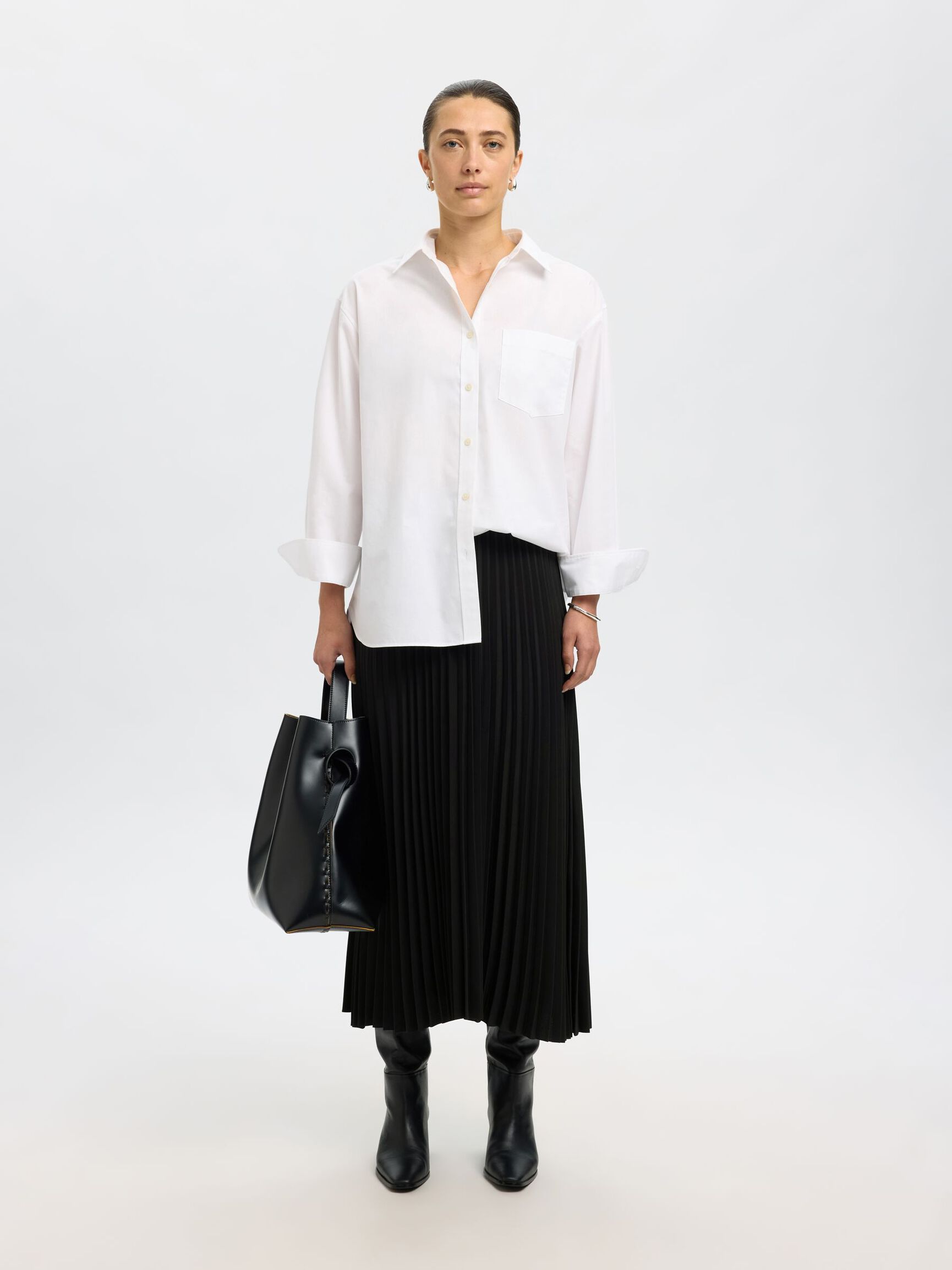 PLEATED MIDI SKIRT, Black, highres