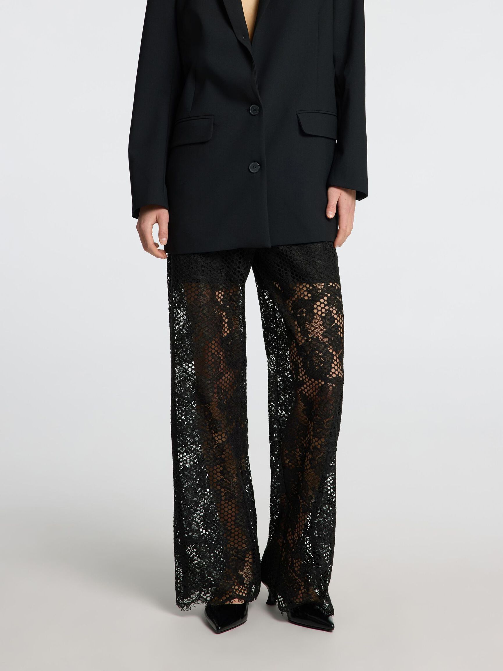 LACE STRAIGHT FIT TROUSERS, Black, highres