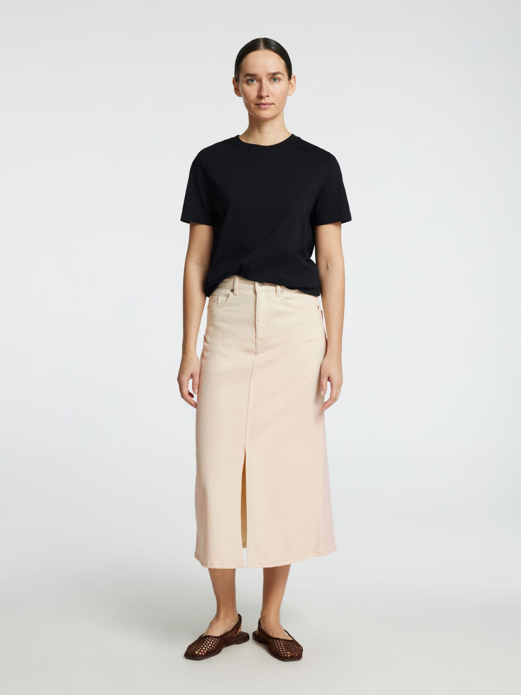 MIDI DENIM SKIRT, Ecru, highres