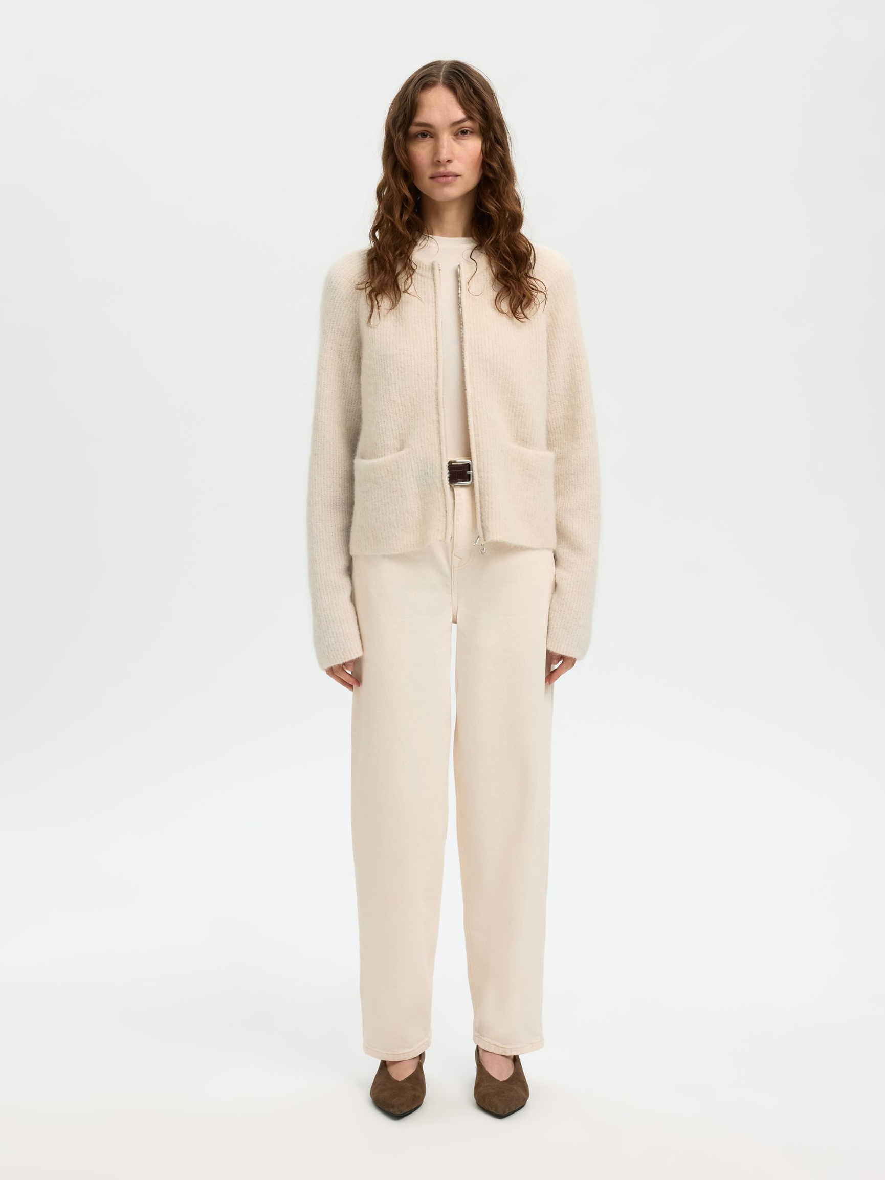 CARDIGAN CON CERNIERA ANTERIORE, Birch, highres
