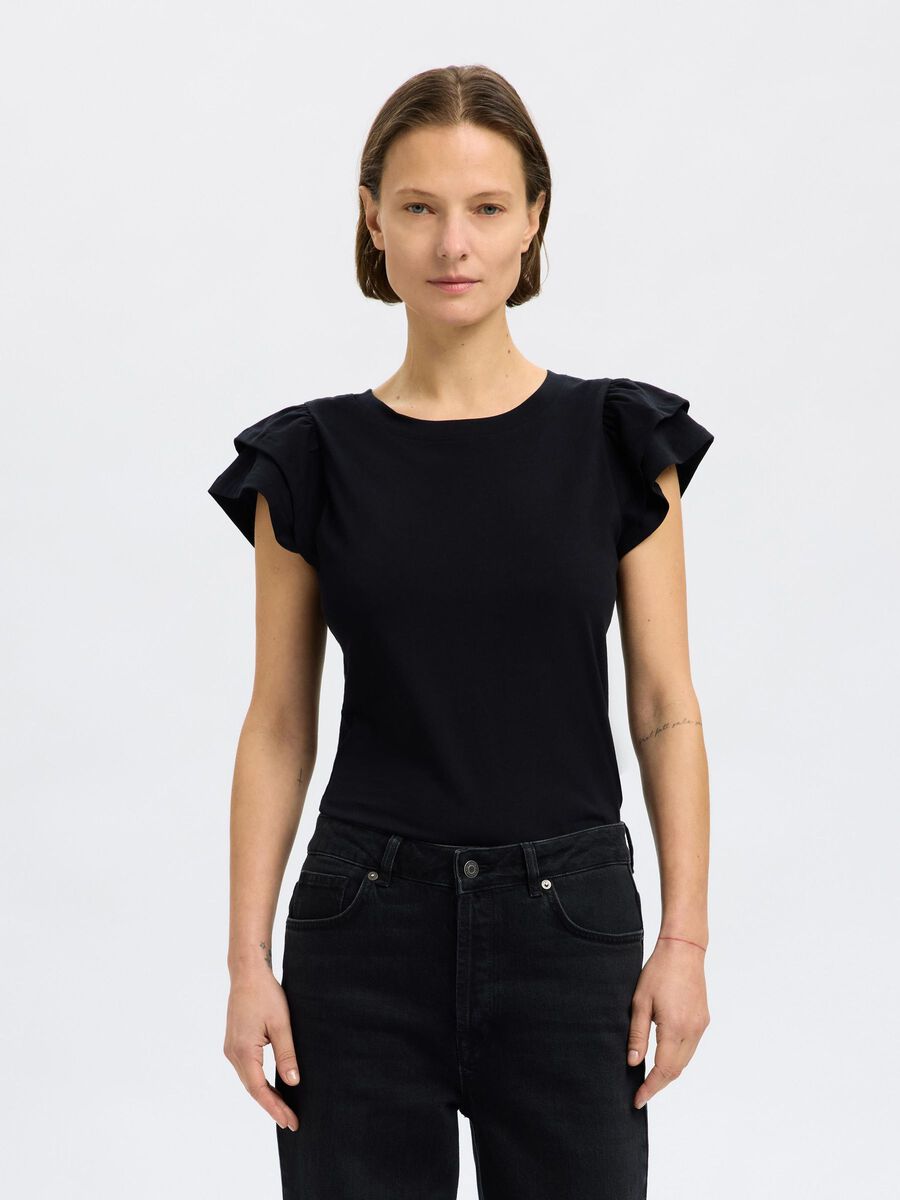 Selected BAUMWOLL RÜSCHEN T-SHIRT, Black, highres - 16089829_Black_003.jpg
