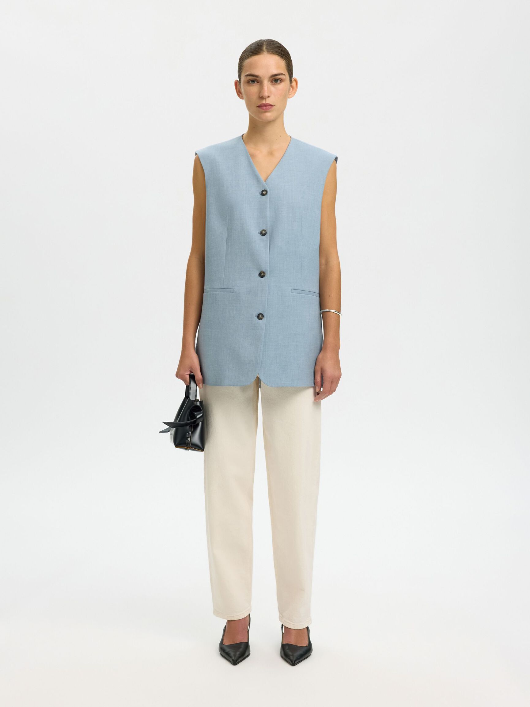 BOXY FIT WAISTCOAT, Dusty Blue, highres