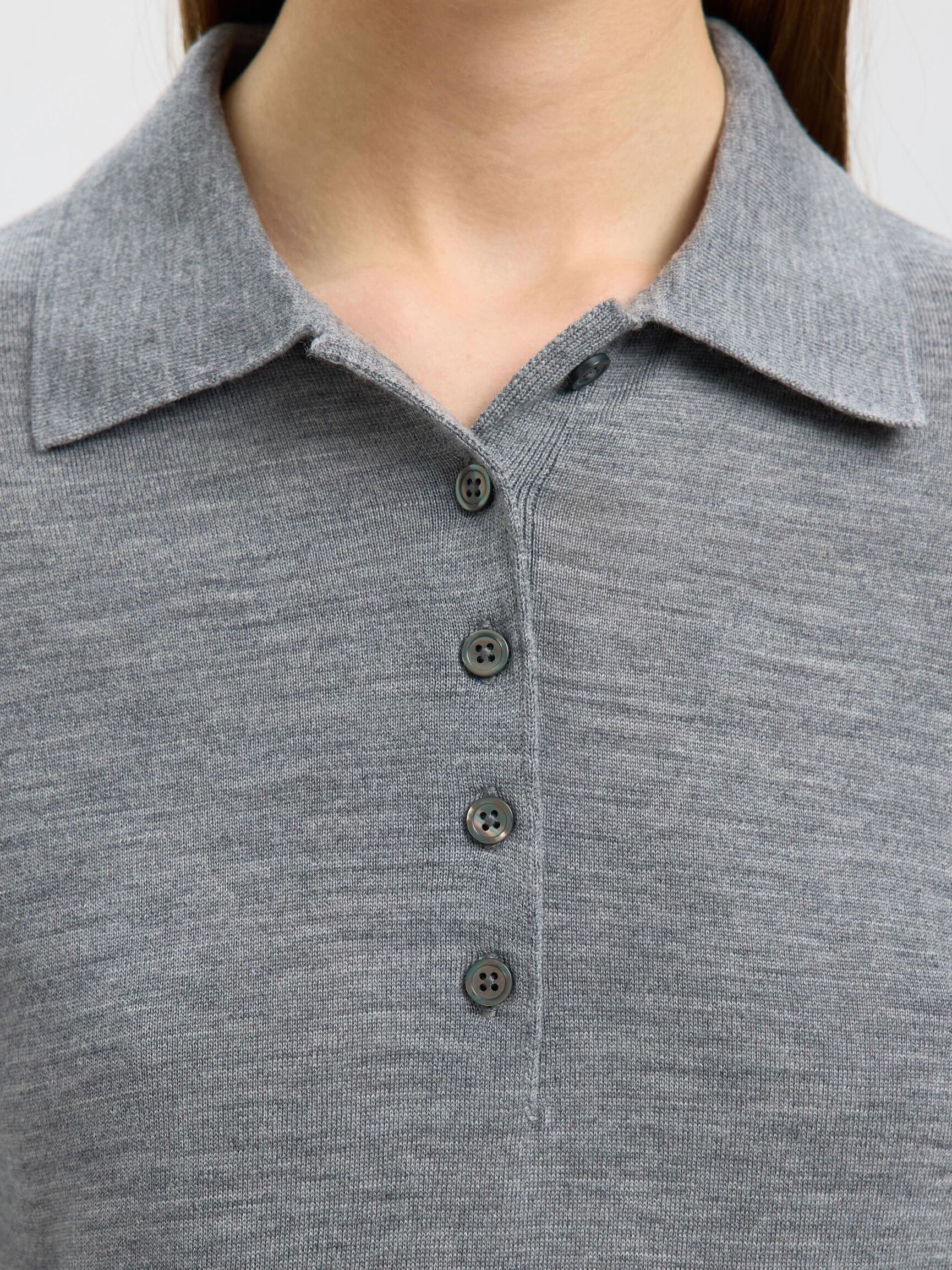 100% MERINOULD STRIKKET POLOSHIRT, Medium Grey Melange, highres