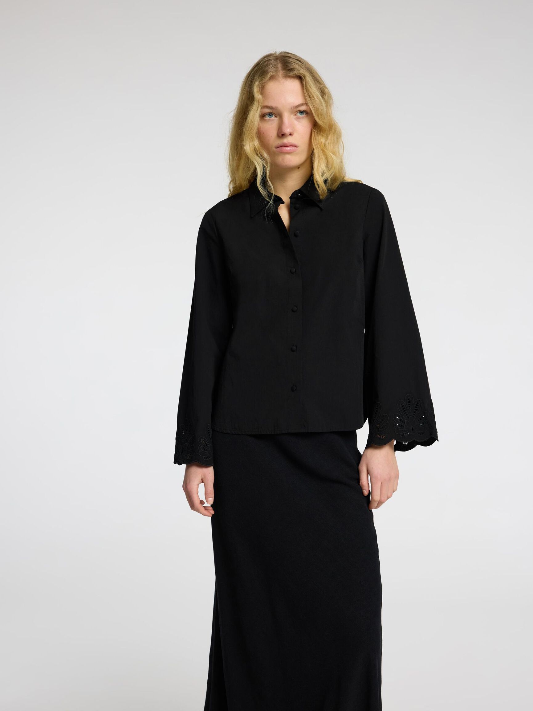 BRODERIE ANGLAISE LONG SLEEVED SHIRT, Black, highres