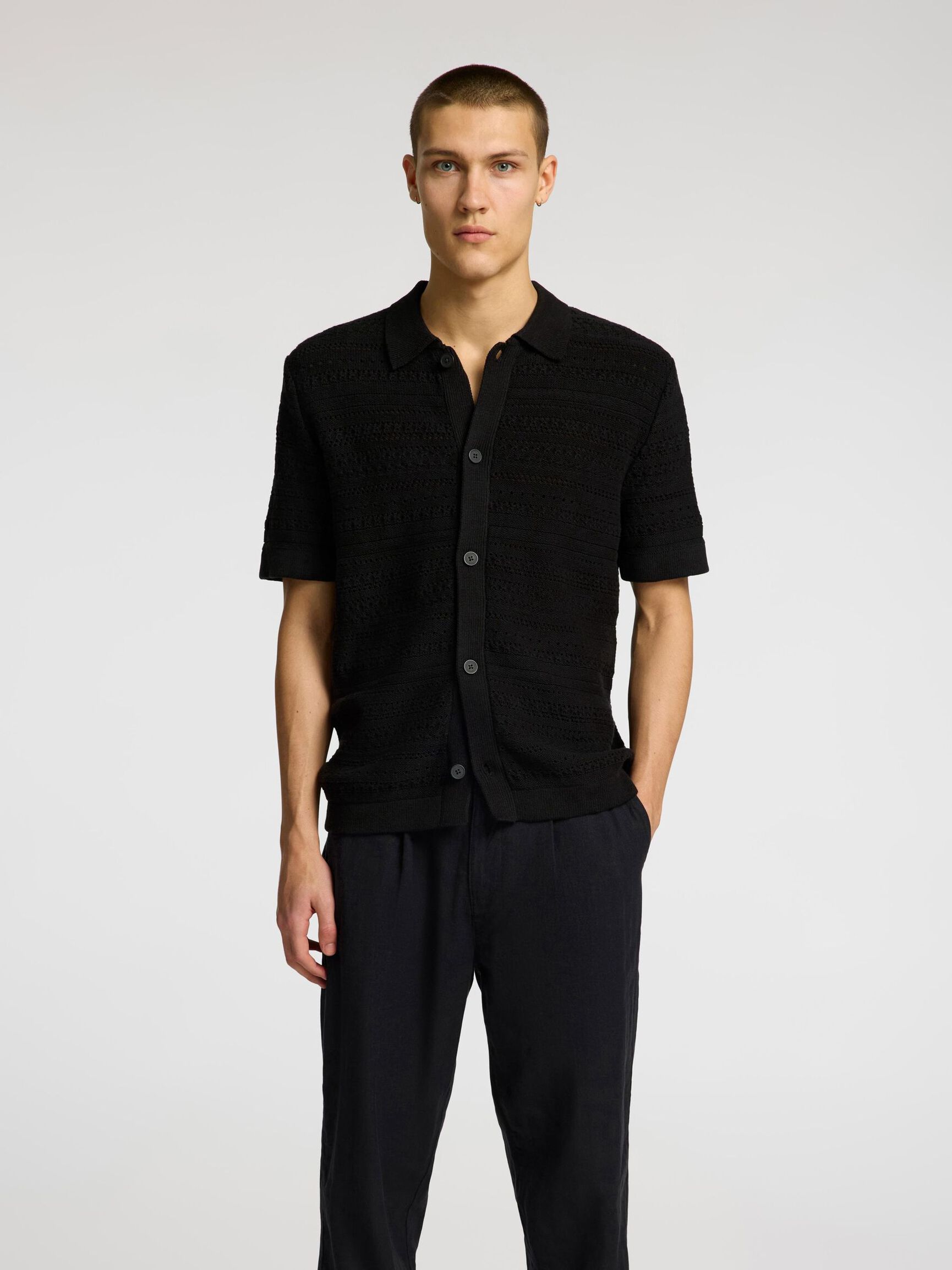 KNITTED SHORT SLEEVED SHIRT, Black, highres