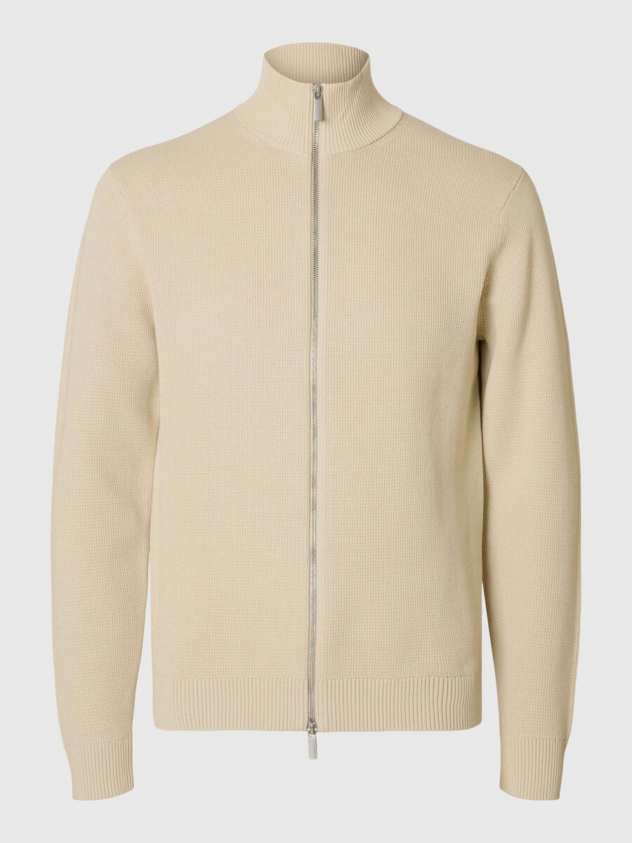 Selected ZIPPED HIGH NECK KNITTED CARDIGAN, Oatmeal, highres - 16096883_Oatmeal_001.jpg