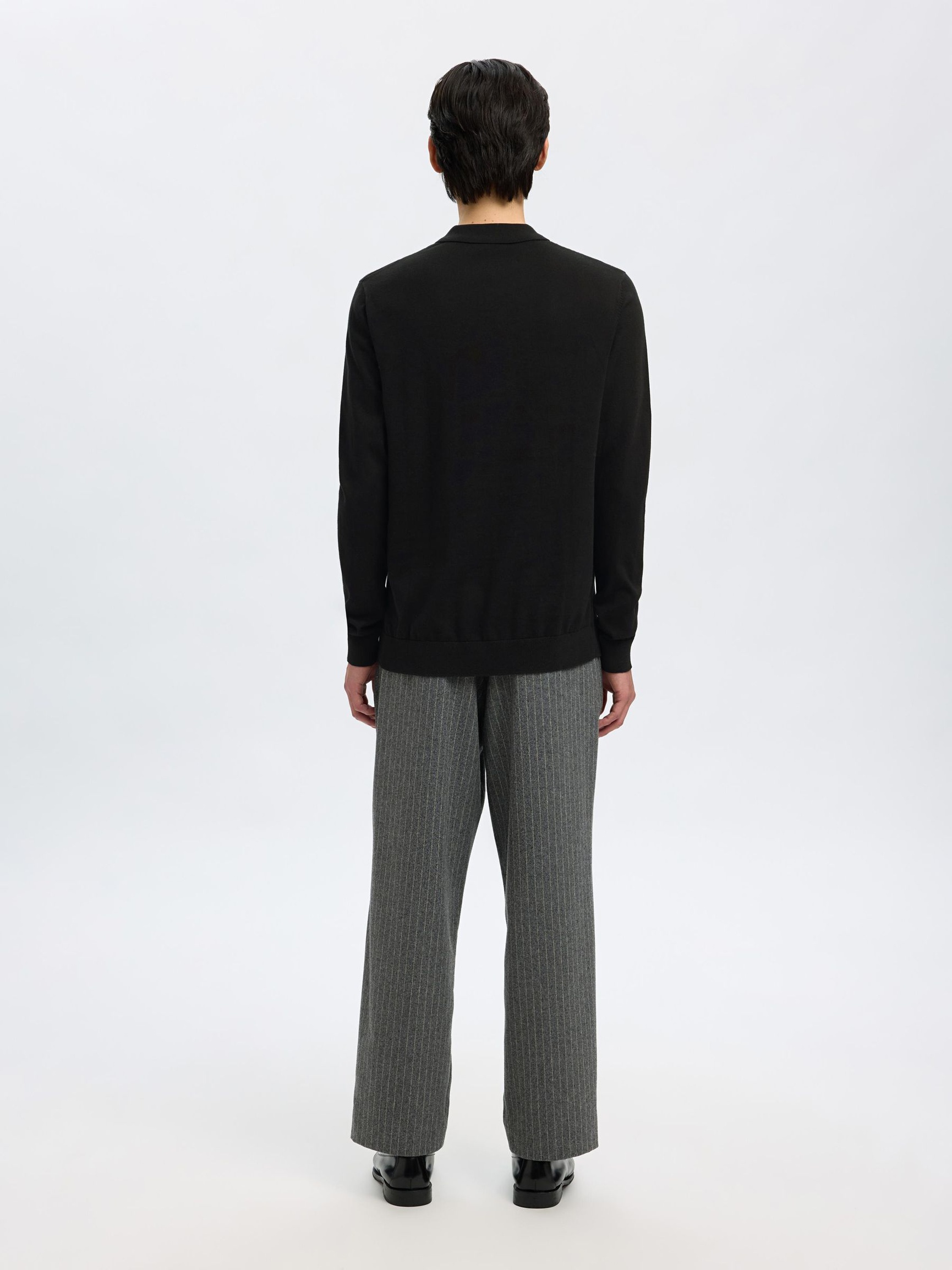 KNITTED LONG-SLEEVED POLO, Black, highres