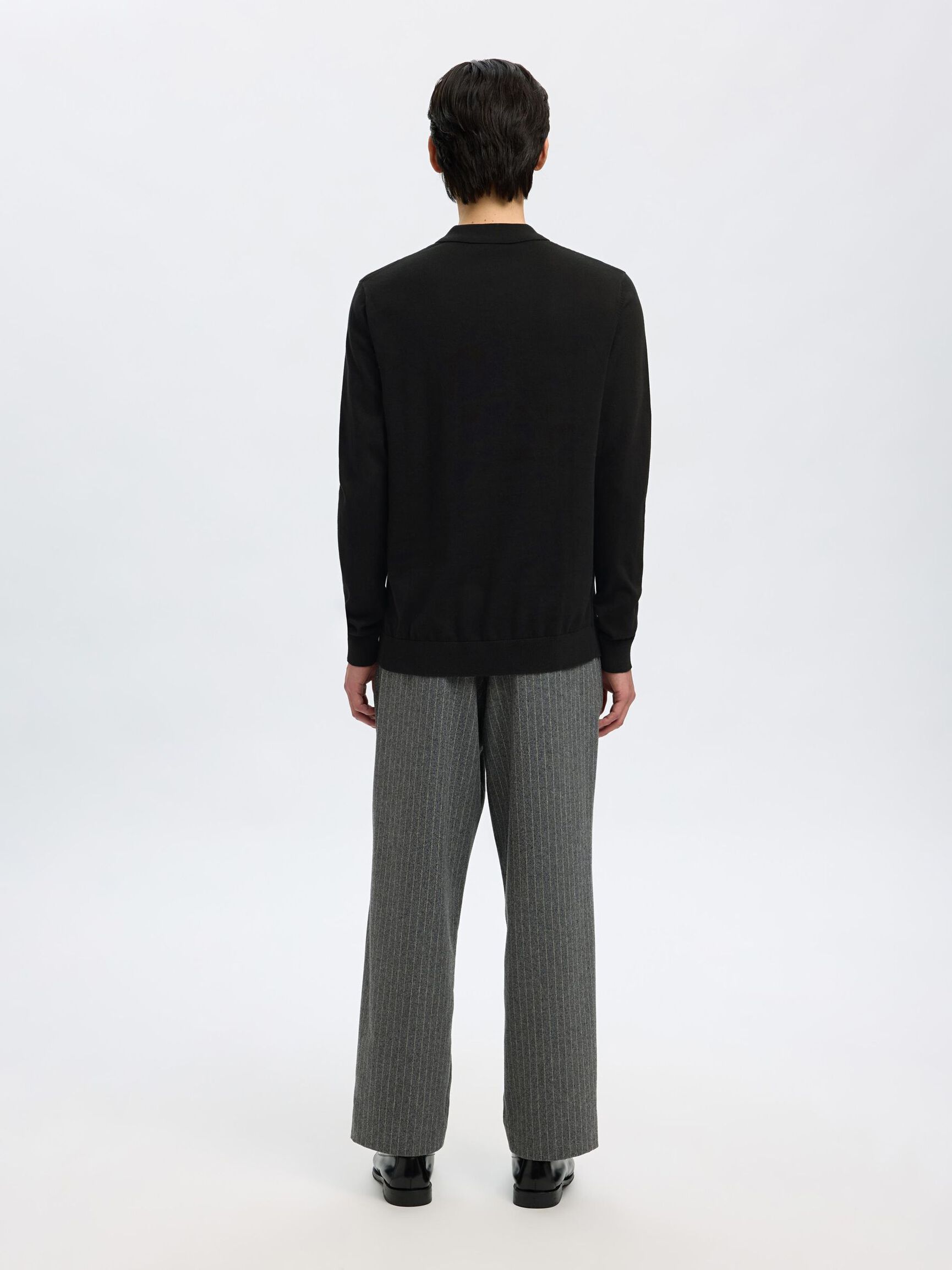 KNITTED LONG-SLEEVED POLO, Black, highres