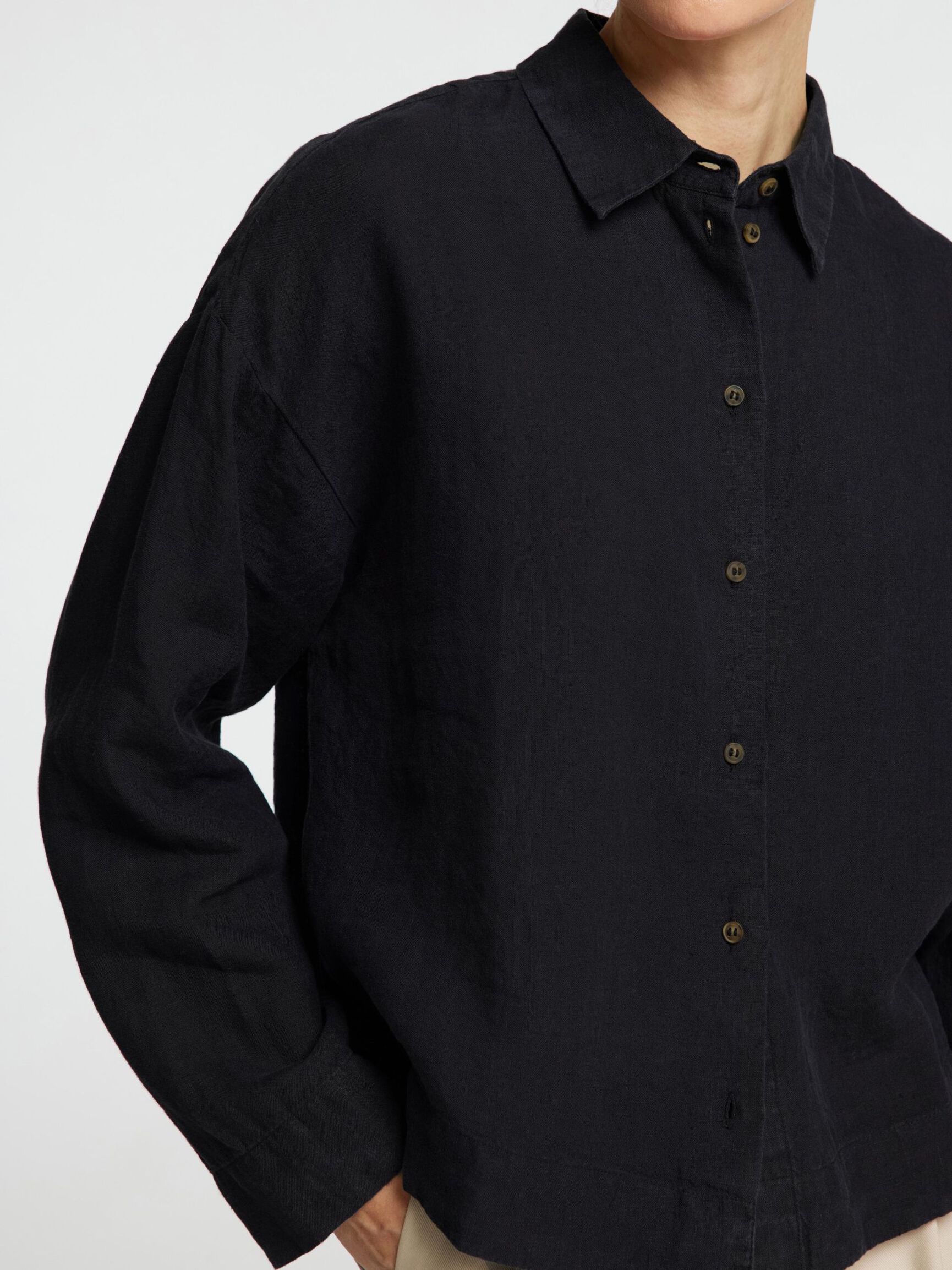 LINEN SHIRT, Black, highres