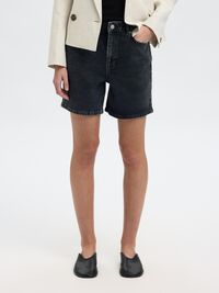 HIGH-WAISTED BLACK DENIM SHORTS, Black Denim, highres