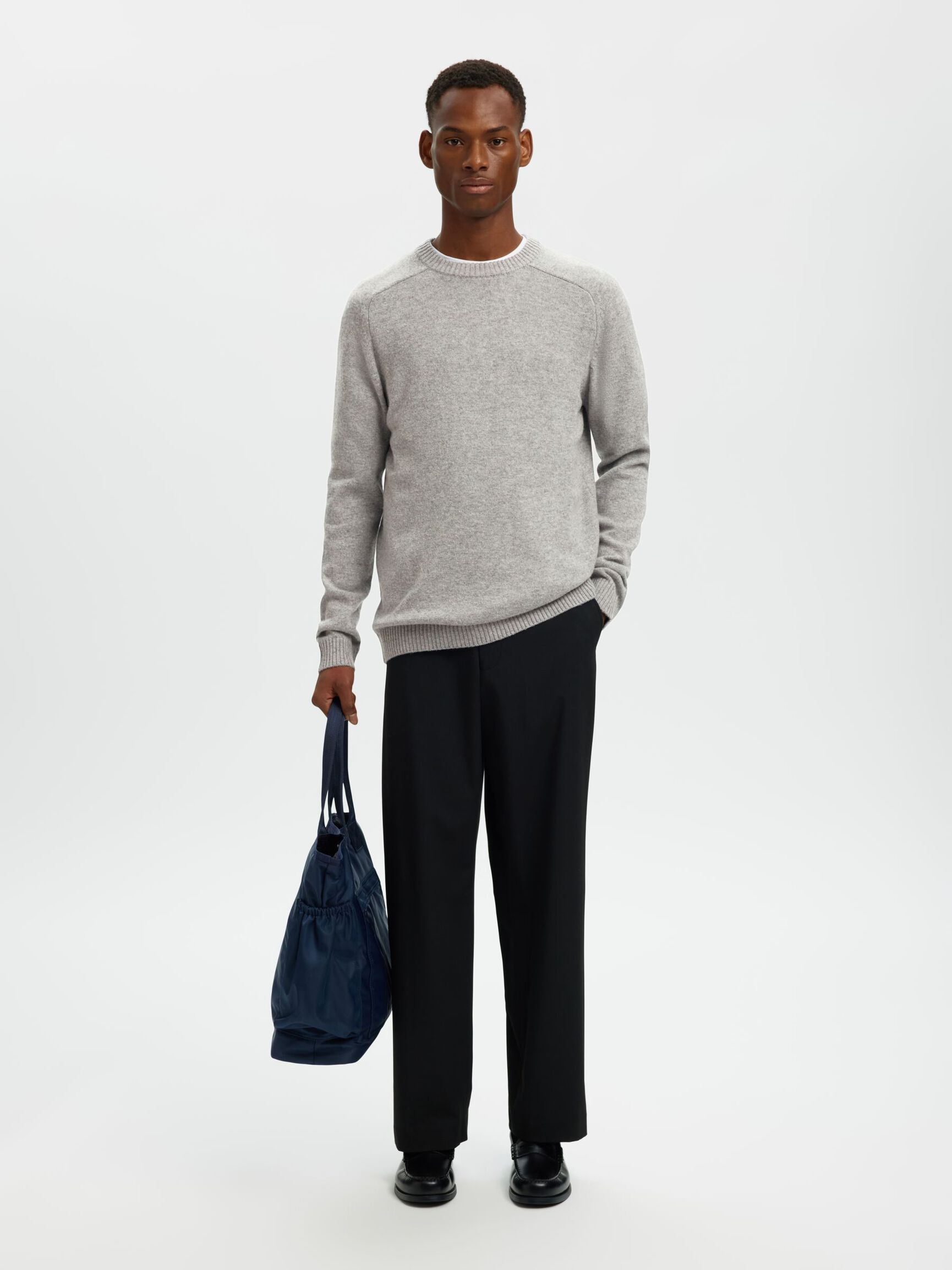 CREW NECK KNITTED JUMPER, Medium Grey Melange, highres
