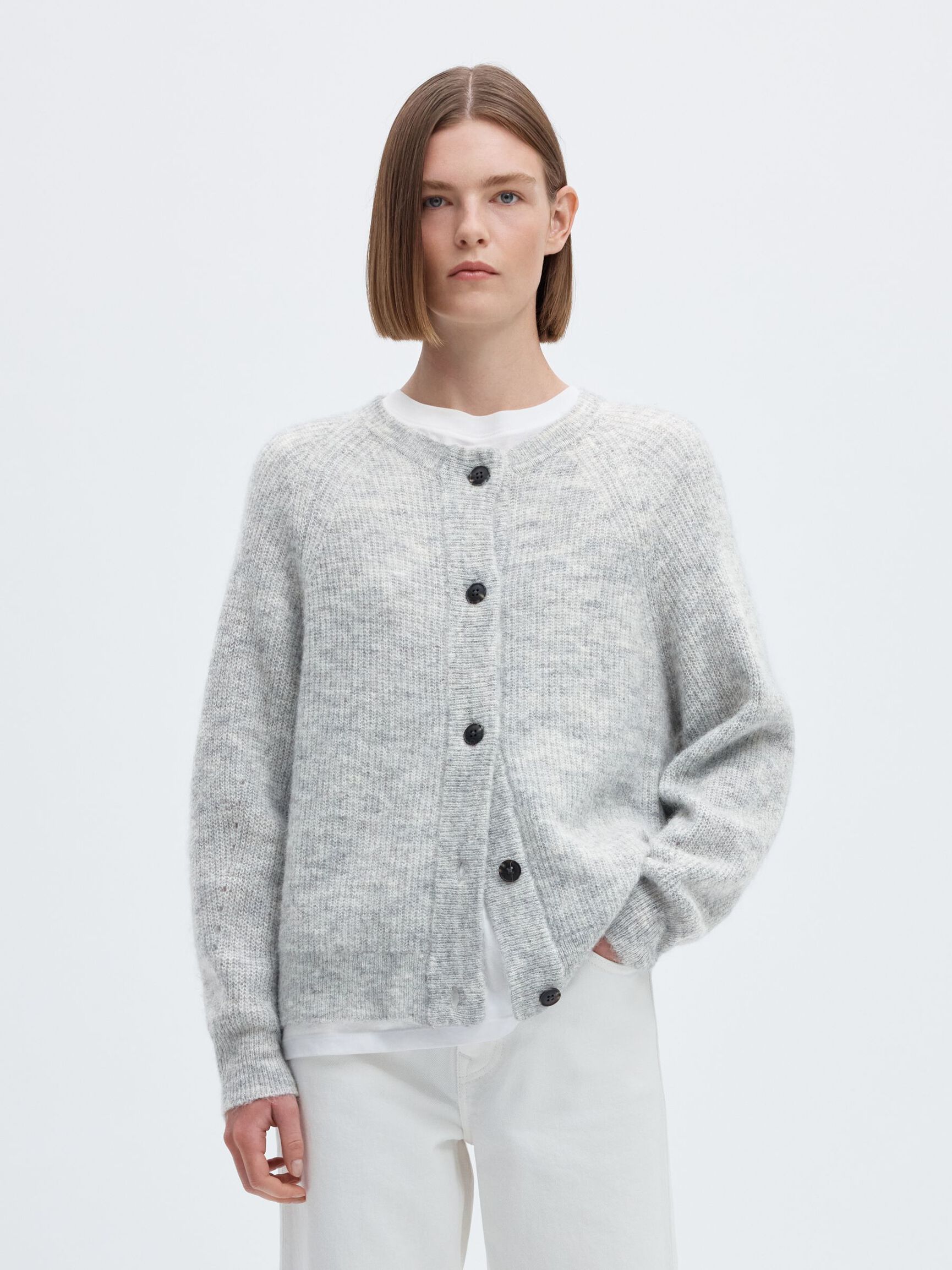WOOL BLEND CARDIGAN, Light Grey Melange, highres
