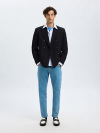 WOOL DOUBLE-BREASTED BLAZER, Dark Navy, highres