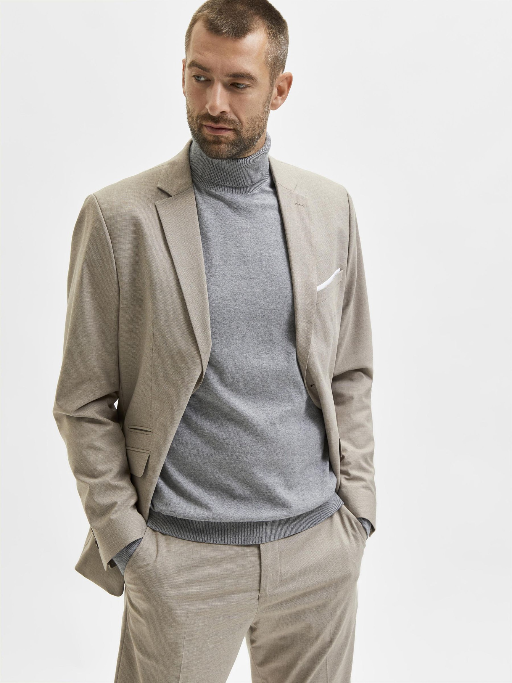 LONG-SLEEVED ROLL NECK PULLOVER, Medium Grey Melange, highres