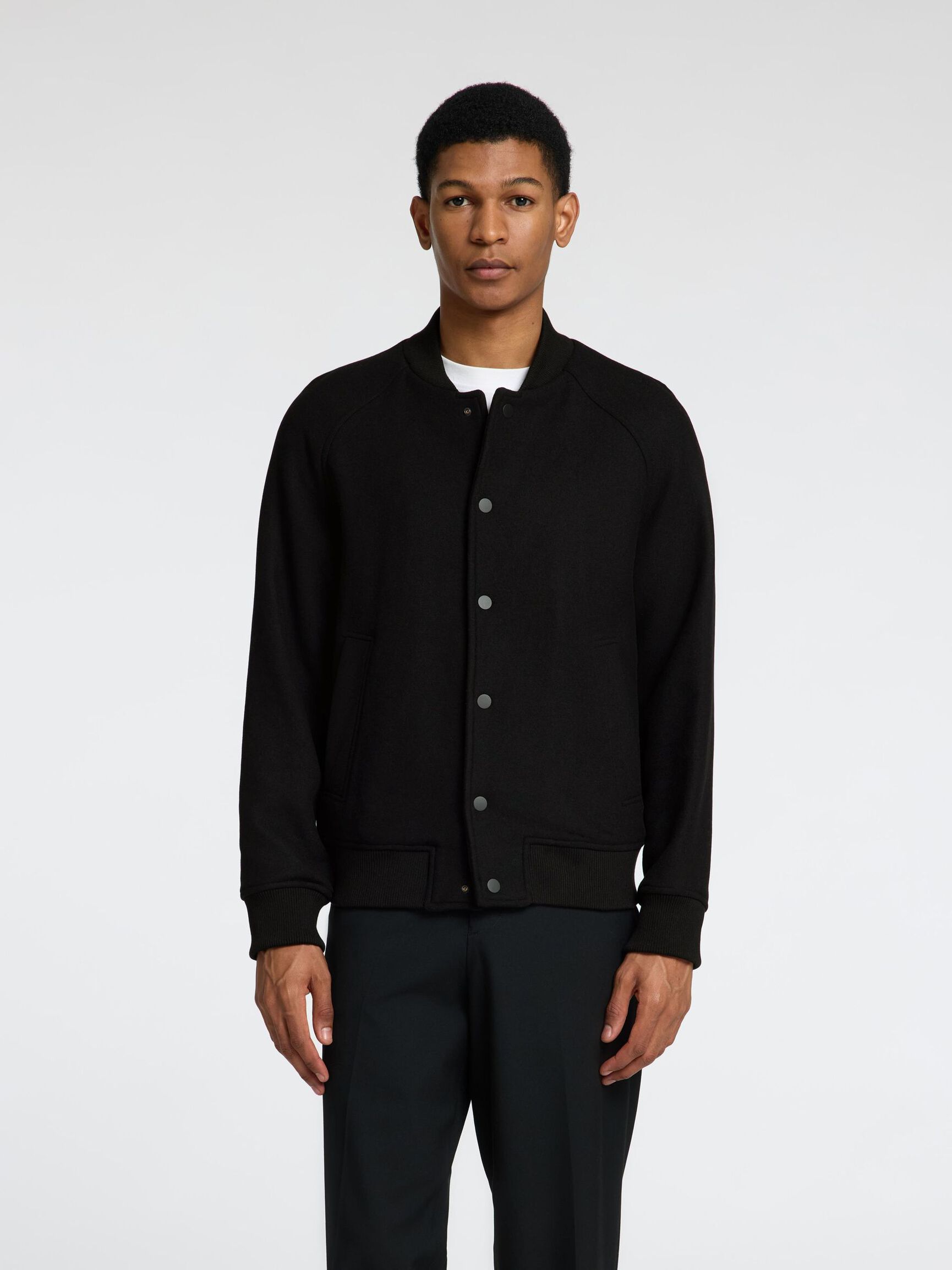 WOOL BLEND BOMBER JACKET, Black, highres