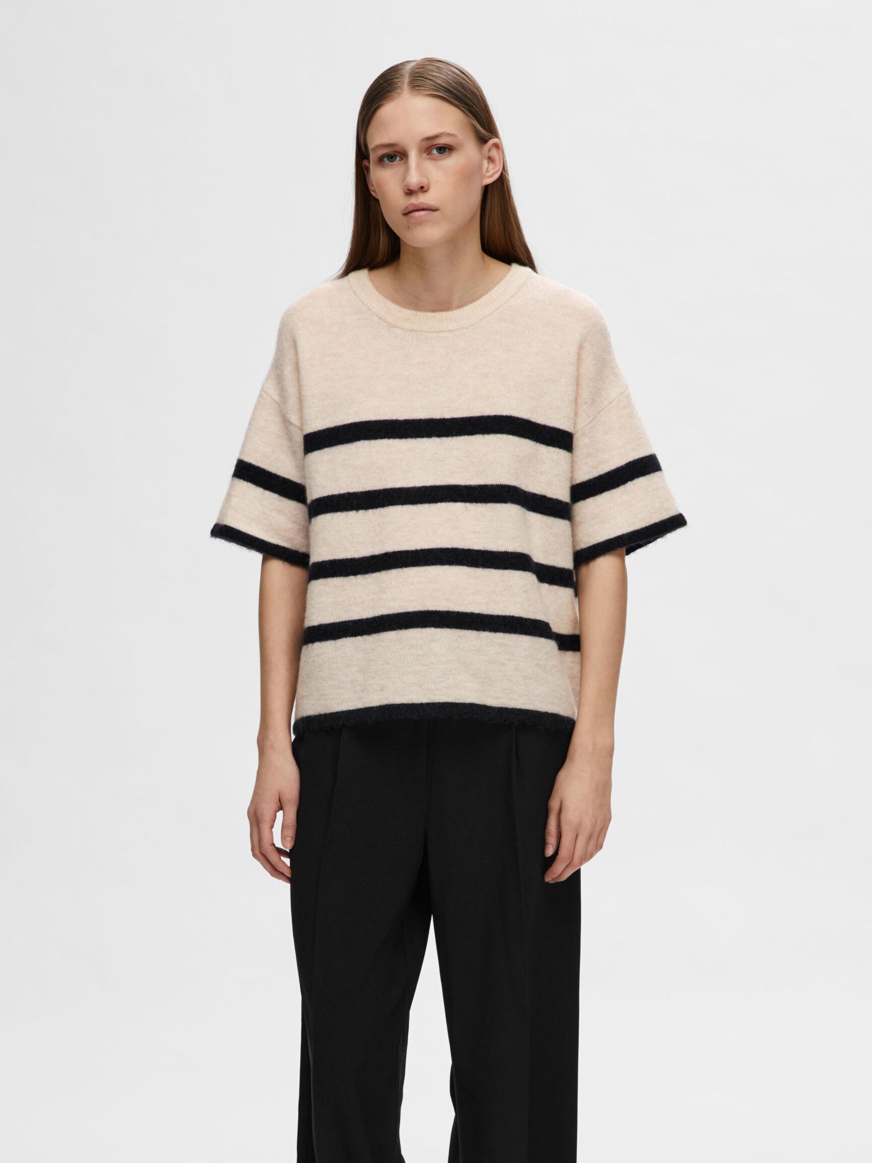 SHORT-SLEEVED WOOL BLEND TOP, Birch, highres