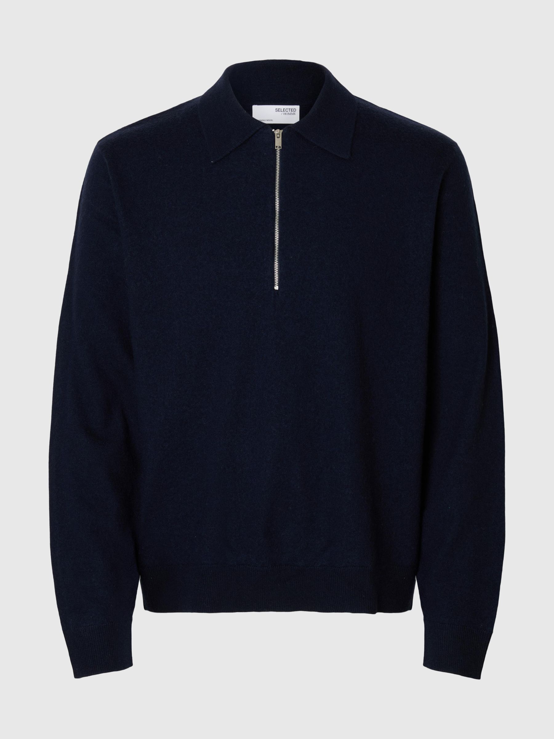 100% MERINO WOOL  LONG-SLEEVED POLO, Navy Blazer, highres