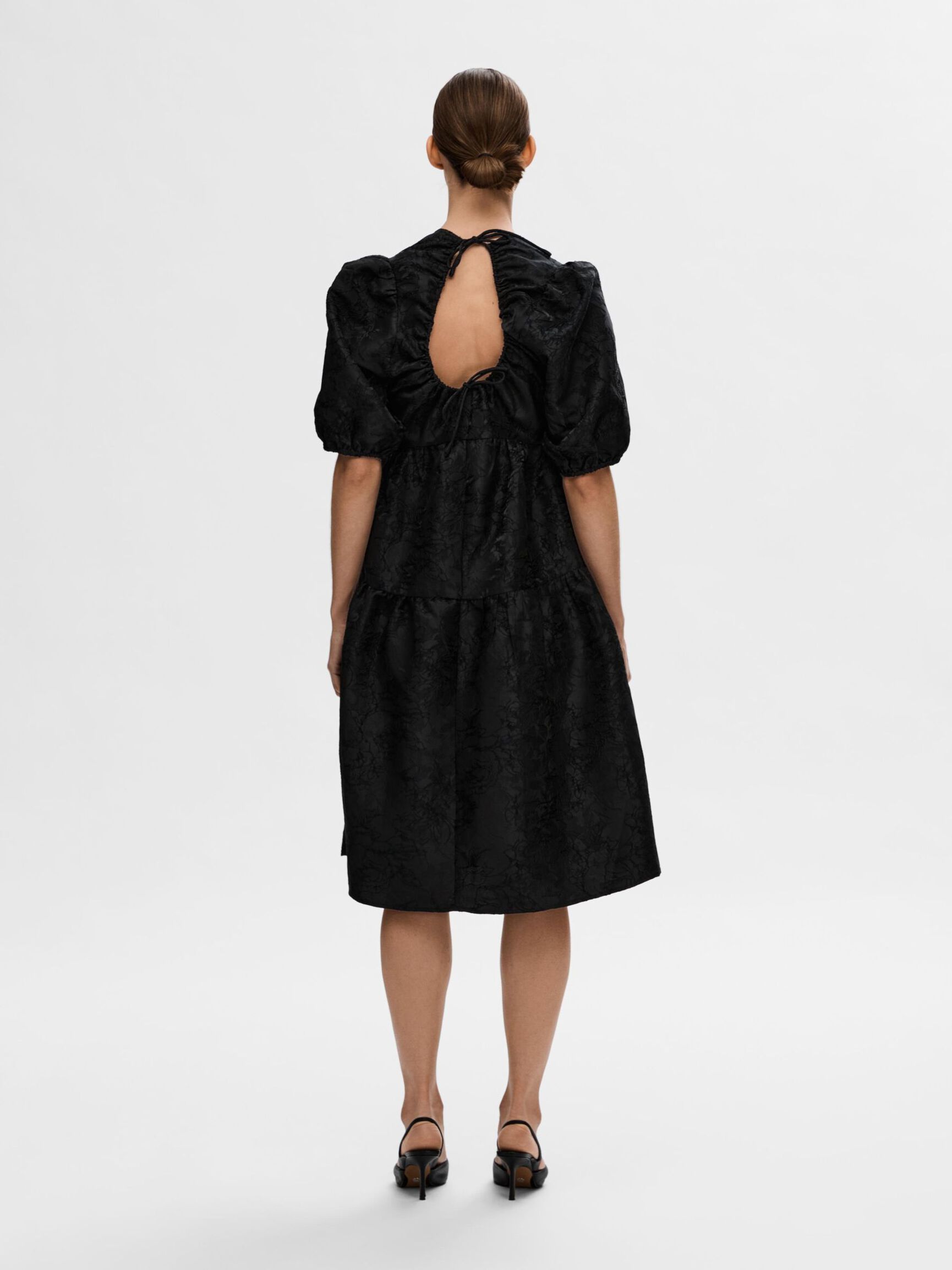 PUFF SLEEVE MIDI DRESS, Black, highres