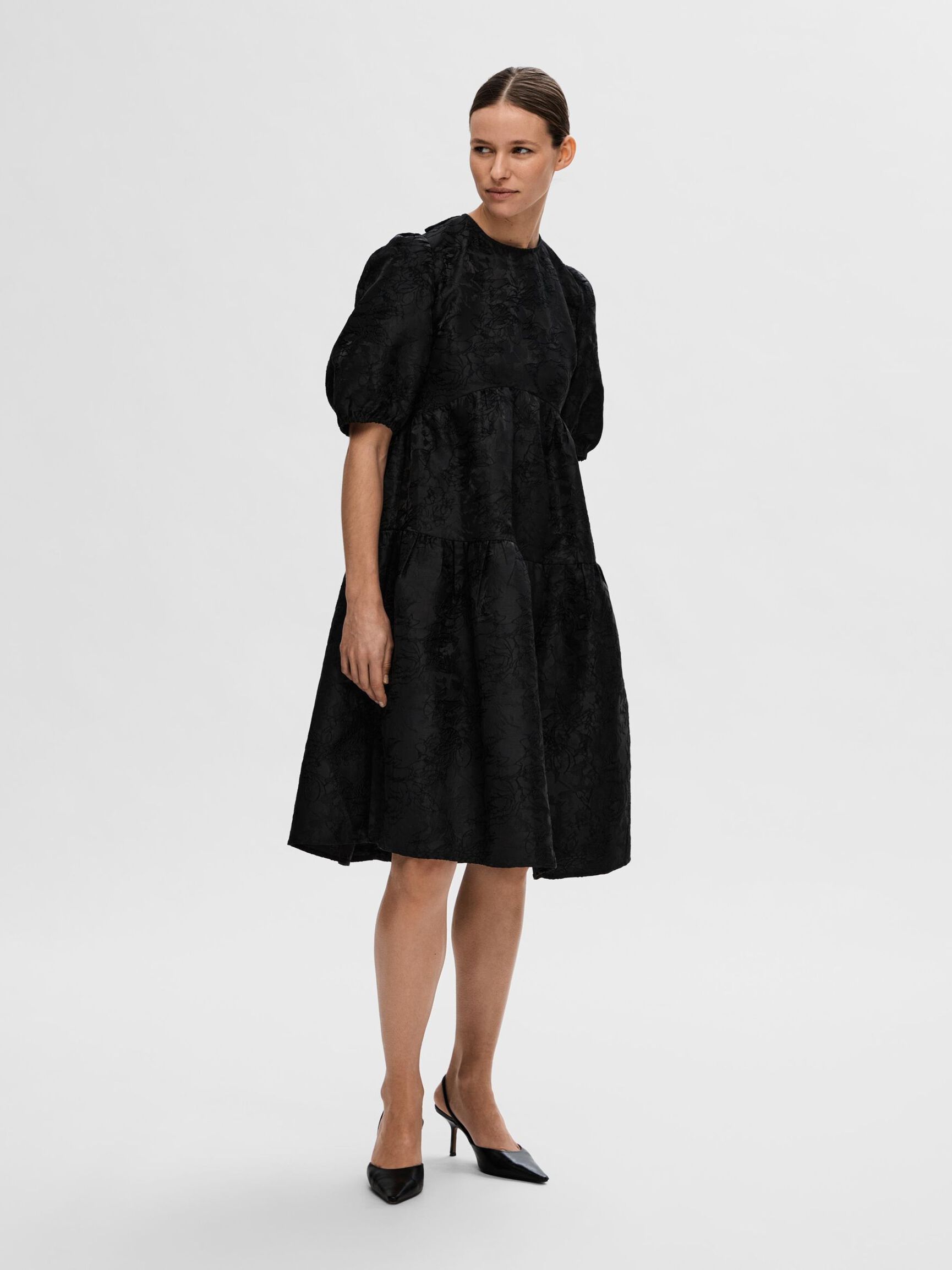 PUFF SLEEVE MIDI DRESS, Black, highres