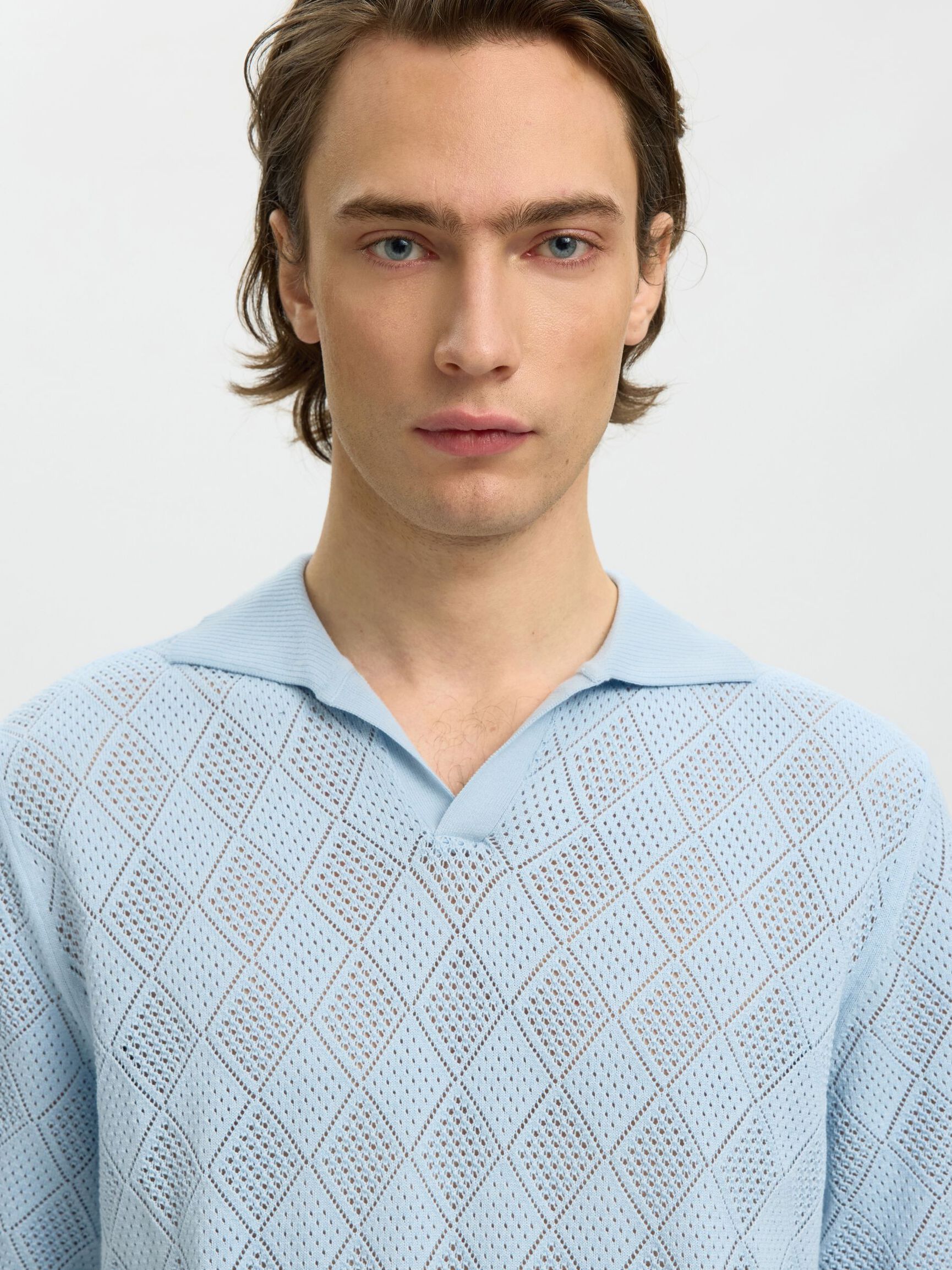 SHORT SLEEVED KNITTED POLO SHIRT, Cashmere Blue, highres