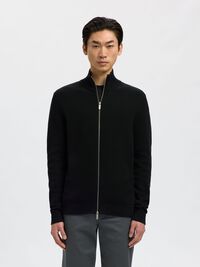 ZIPPED HIGH NECK KNITTED CARDIGAN, Black, highres