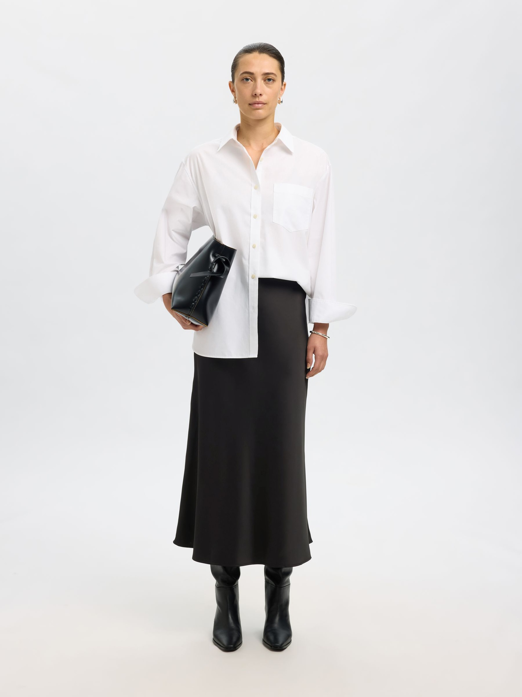 SATIN MIDI SKIRT, Black, highres