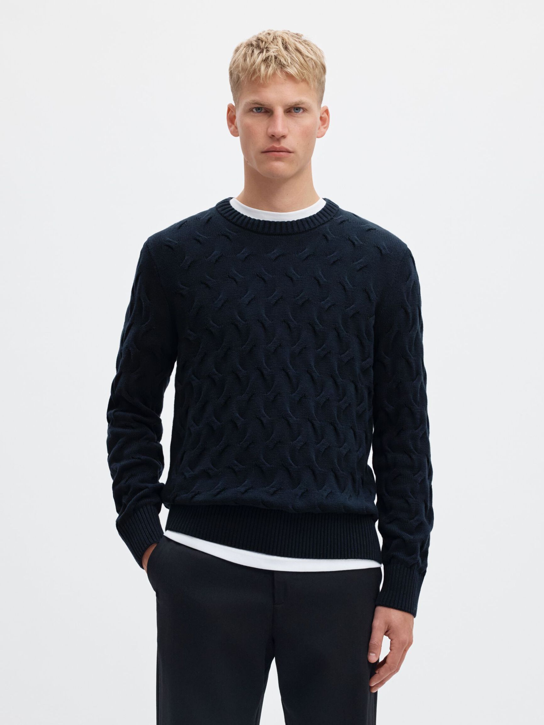 CABLE KNIT CREWNECK JUMPER, Sky Captain, highres