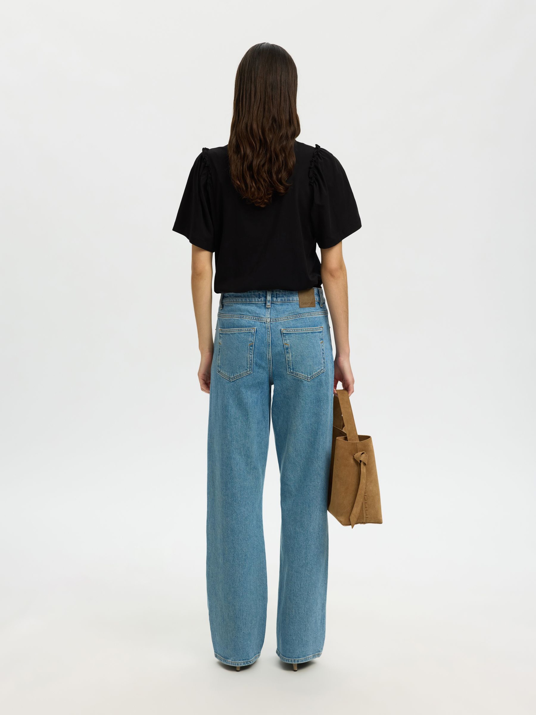 RUFFLED COTTON T-SHIRT, Black, highres