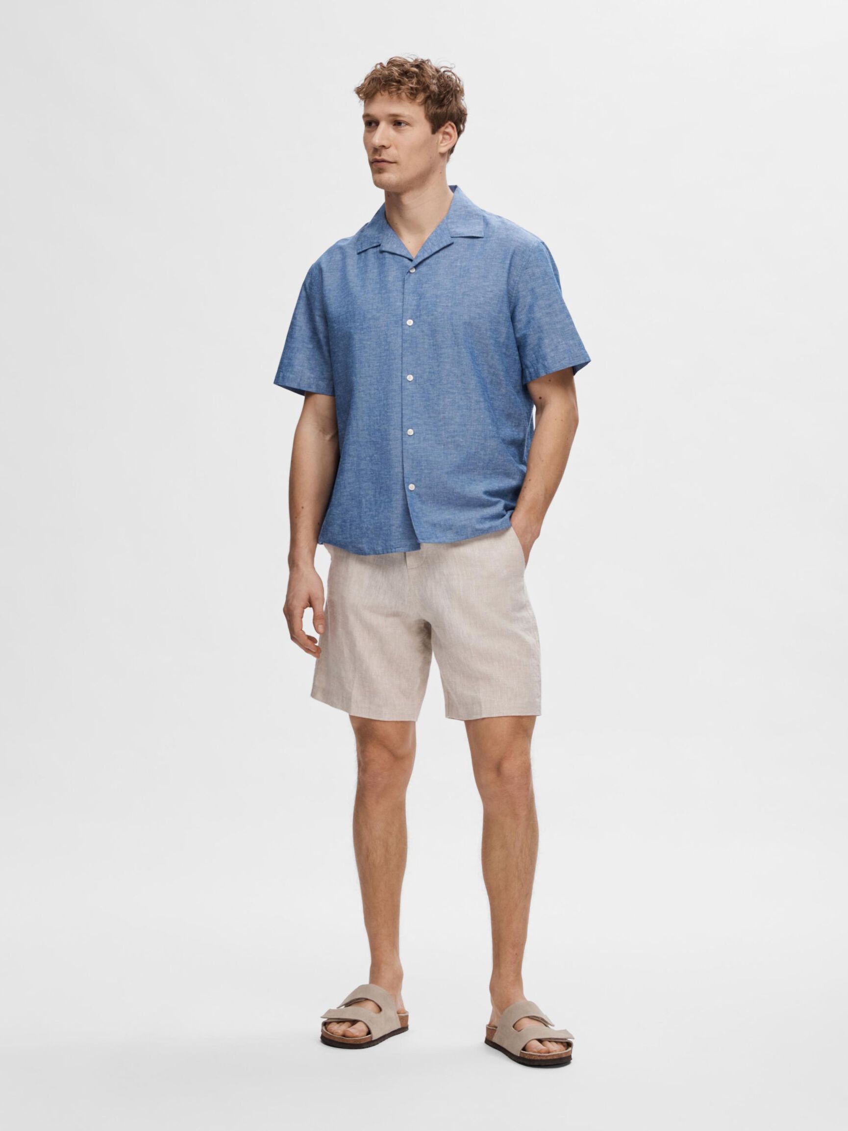 LINEN BLEND SHORT SLEEVED SHIRT, Medium Blue Denim, highres