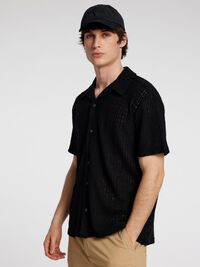 GEBREID JACQUARD OVERHEMD MET KORTE MOUWEN, Black, highres