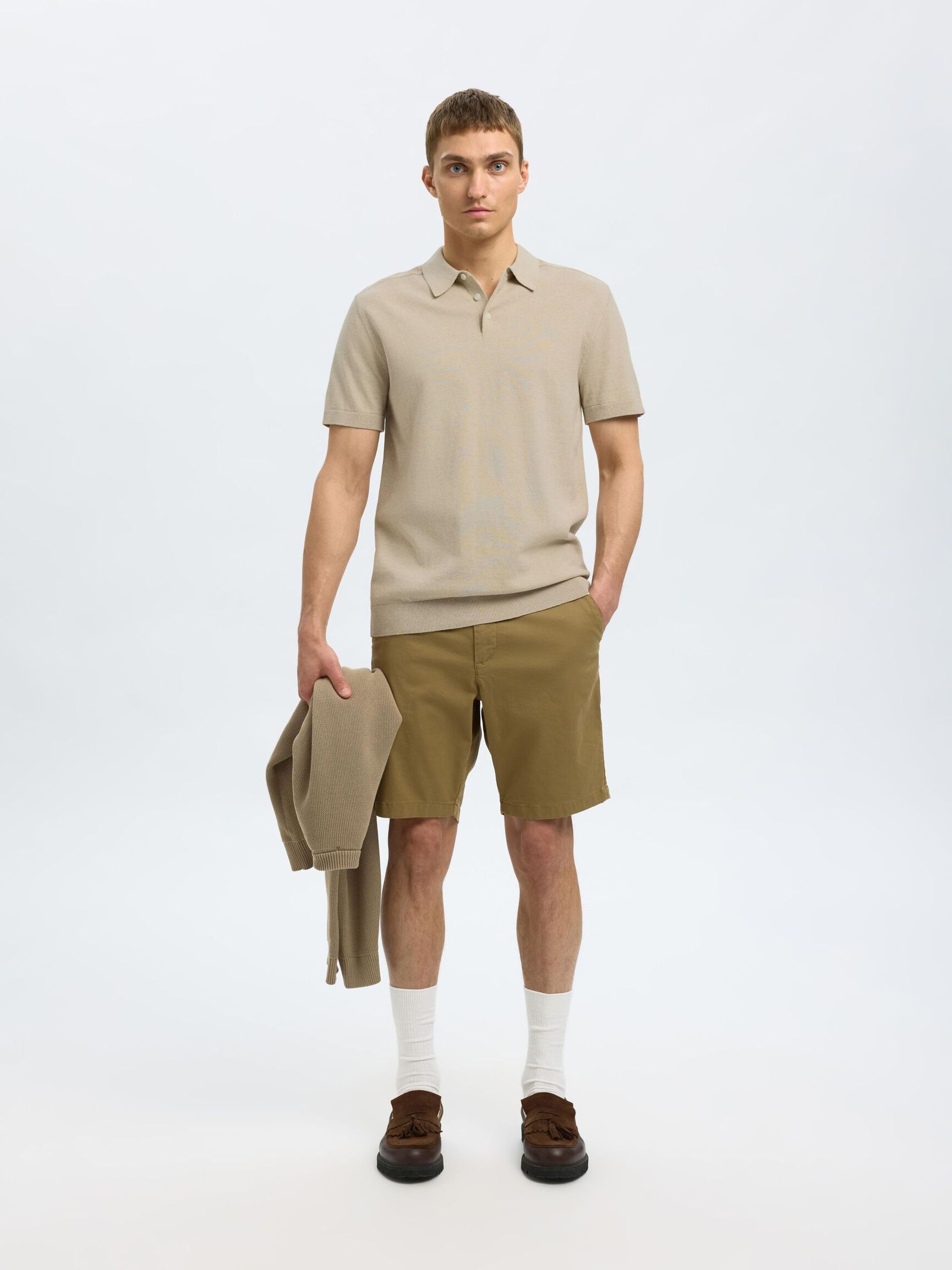 KNITTED POLO SHIRT, Oatmeal, highres