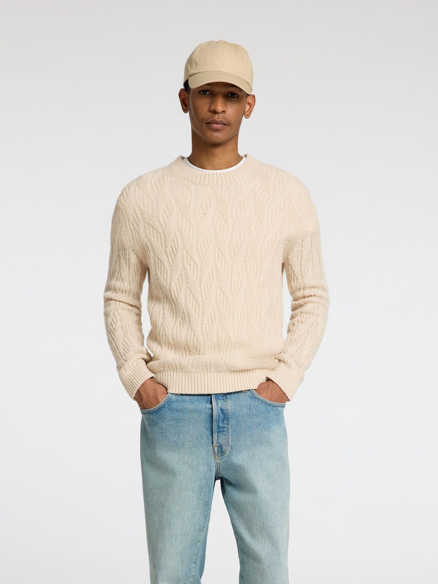 WOOL BLEND CABLE KNITTED PULLOVER, Oatmeal, highres